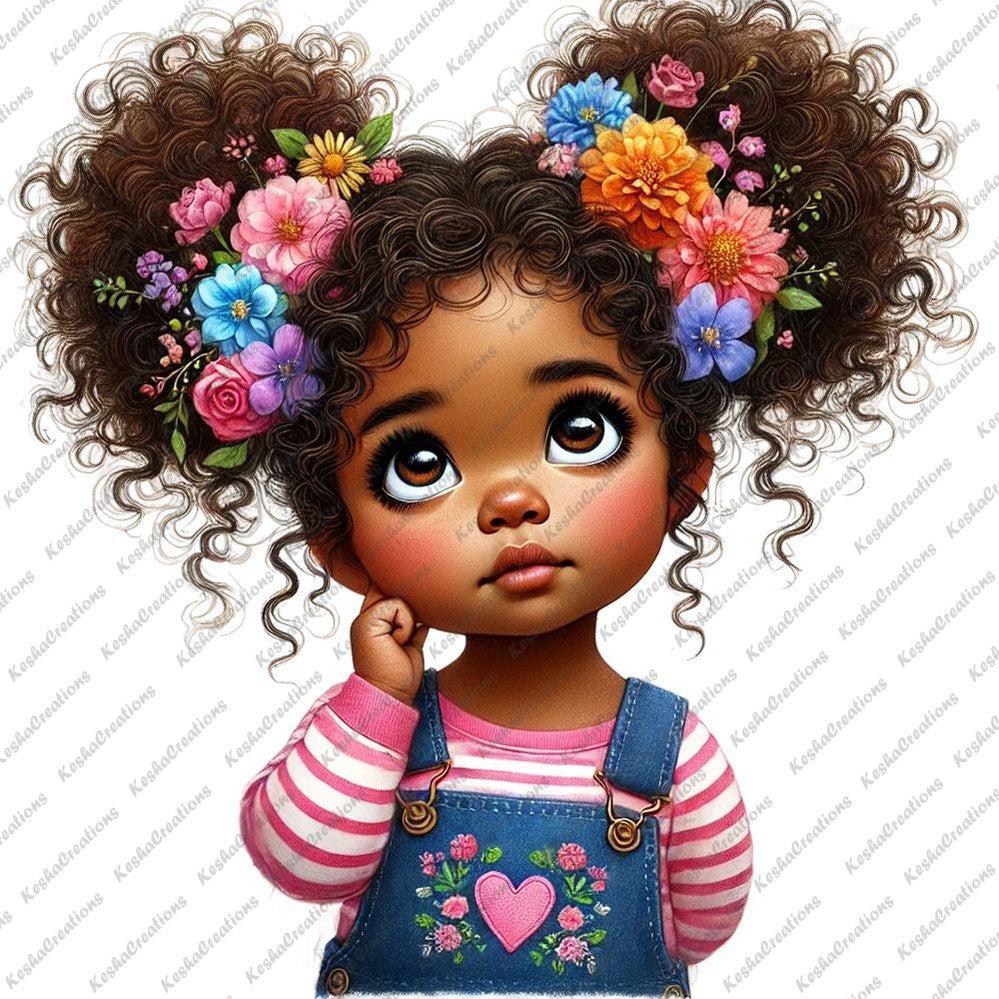 Illustration of a young Black girl with big, curly pigtails adorned with colorful flowers, wearing a pink-striped shirt and blue overalls with floral embroidery and a heart design, looking upward thoughtfully while resting her hand near her chin.