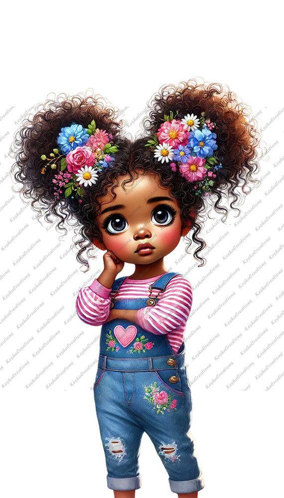 Illustration of a young Black girl with large curly pigtails filled with bright flowers, wearing a pink-striped shirt and blue overalls with embroidered flowers, standing with one arm crossed, looking thoughtful.