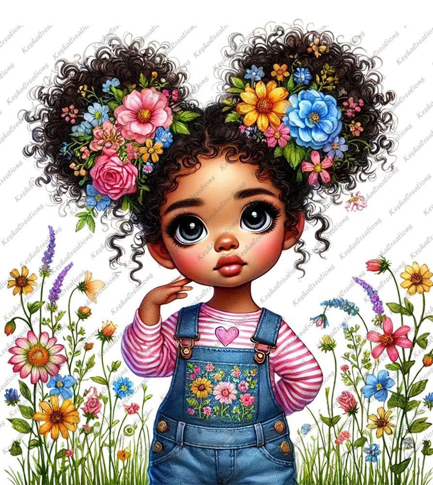 Illustration of a young Black girl with two large curly pigtails decorated with flowers, wearing a striped long-sleeve shirt and blue overalls with floral embroidery, standing among colorful flowers with one hand on her cheek.