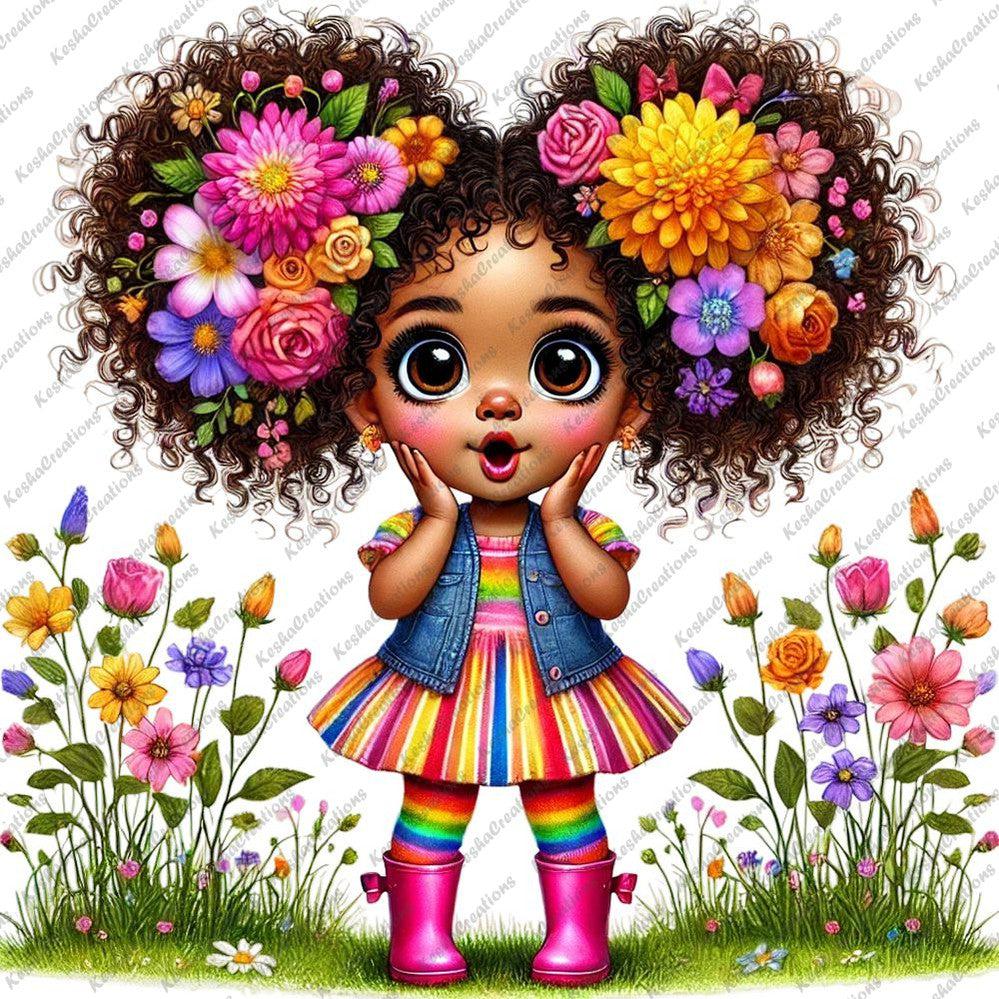 Illustration of a young Black girl with big curly pigtails filled with colorful flowers, wearing a rainbow-striped dress, denim vest, and pink boots, with her hands on her cheeks, surrounded by bright flowers.