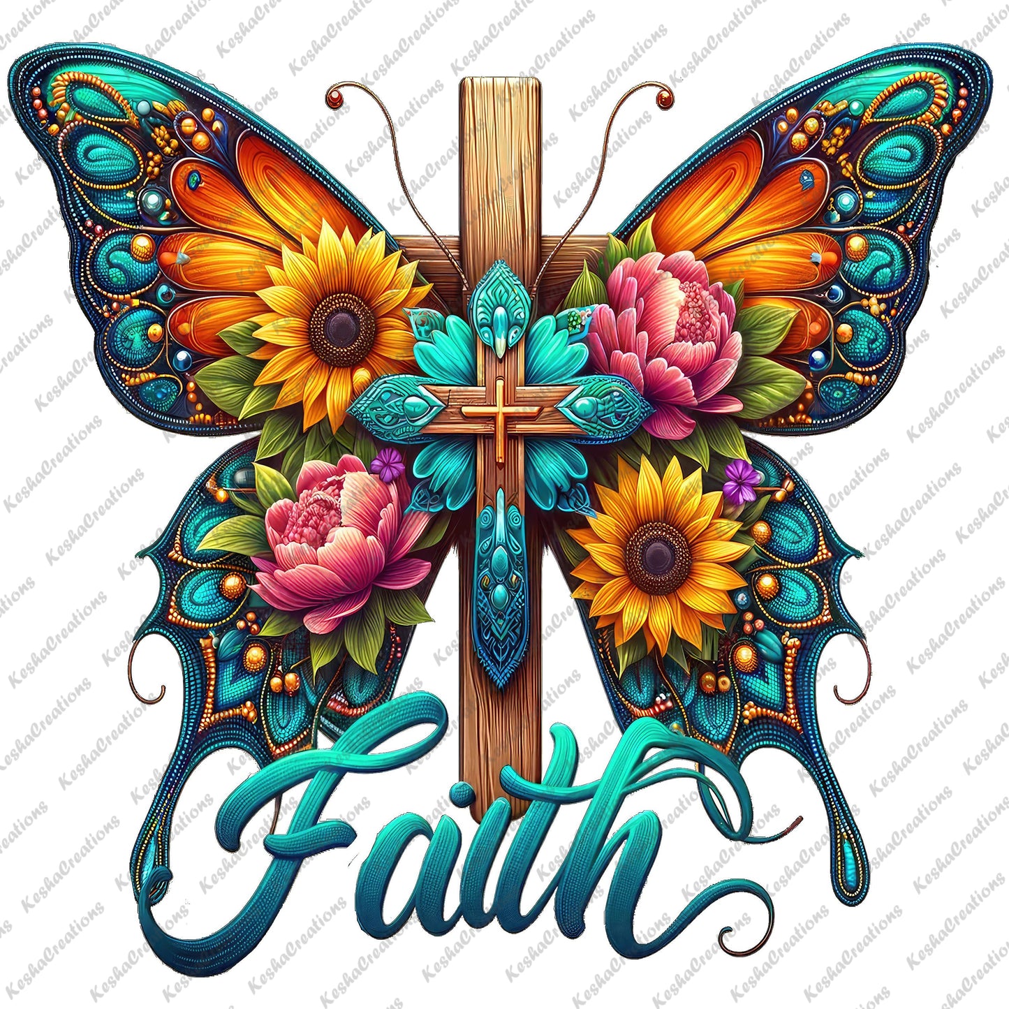 DTF transfer design featuring a colorful butterfly with floral details and a cross at the center, along with the word 'Faith' in script font