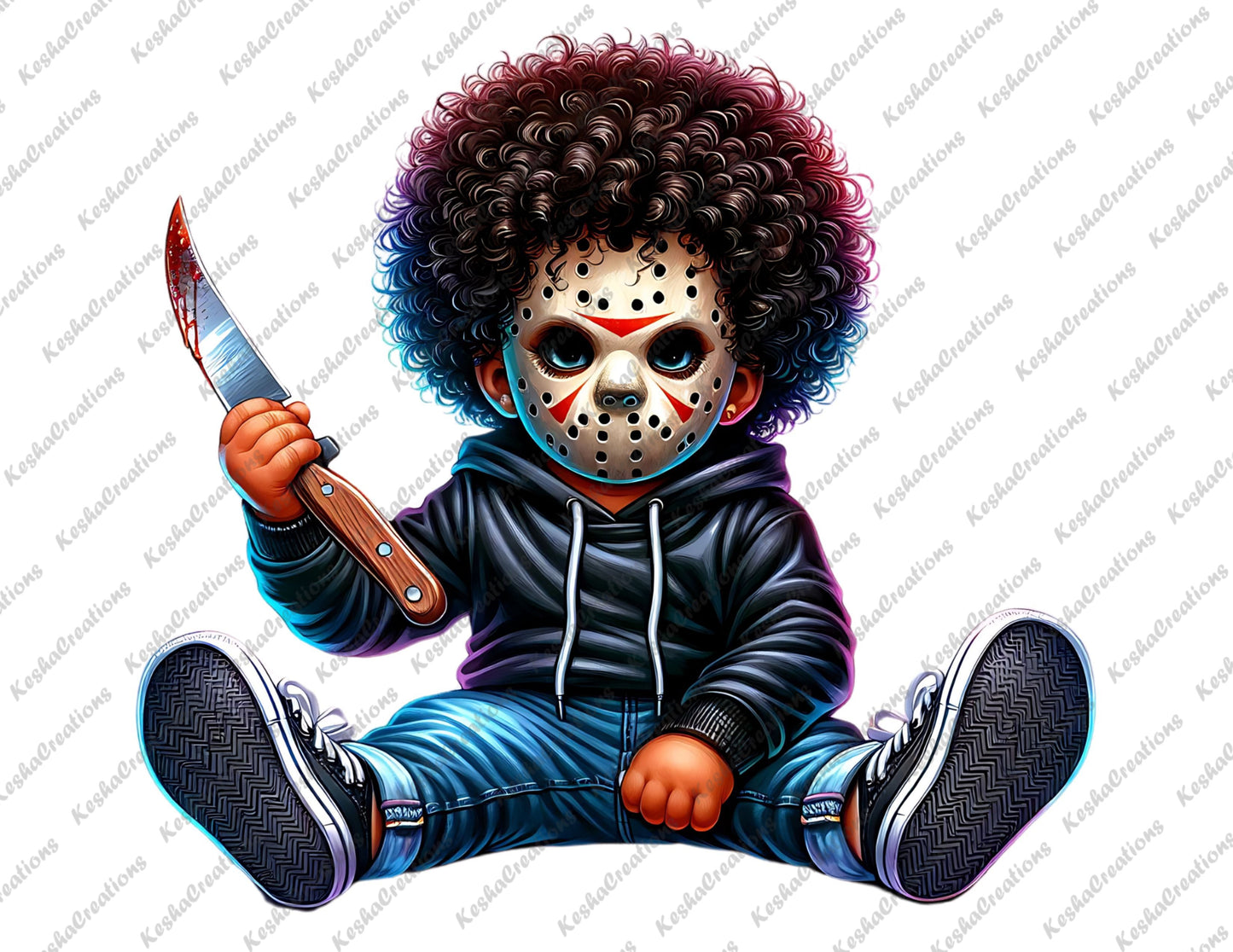 Baby boy character with afro hair, wearing a Jason Voorhees mask, holding a bloody knife, dressed in a black hoodie.