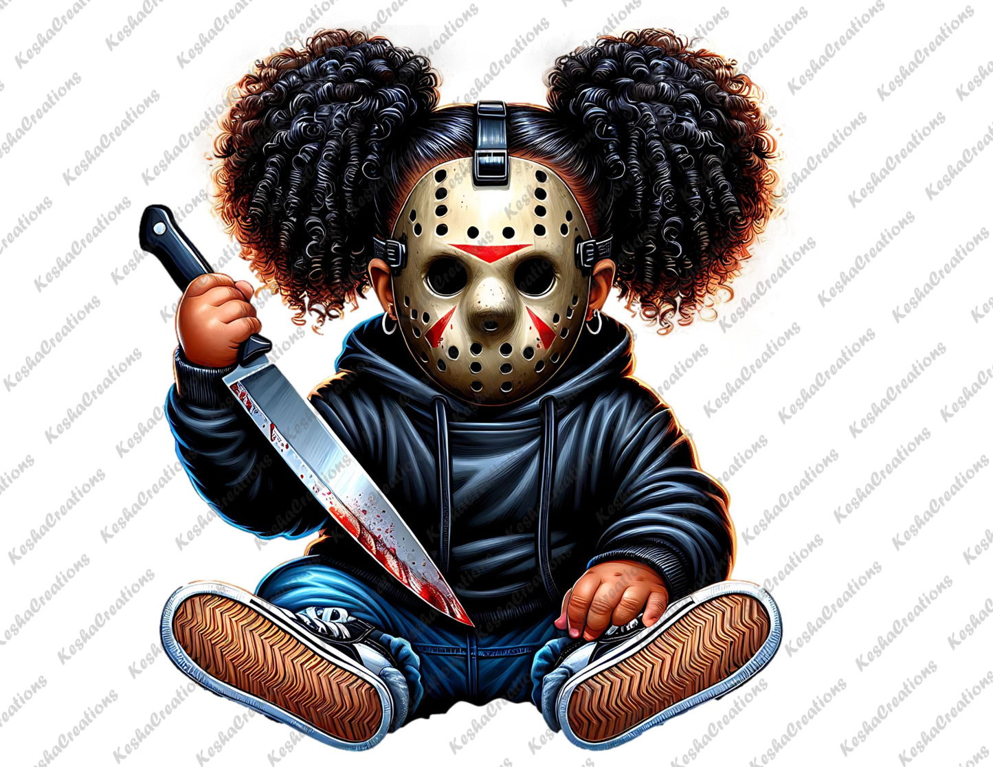 Baby girl character with curly pigtails, wearing a Jason Voorhees mask, holding a bloody knife, dressed in a black hoodie.