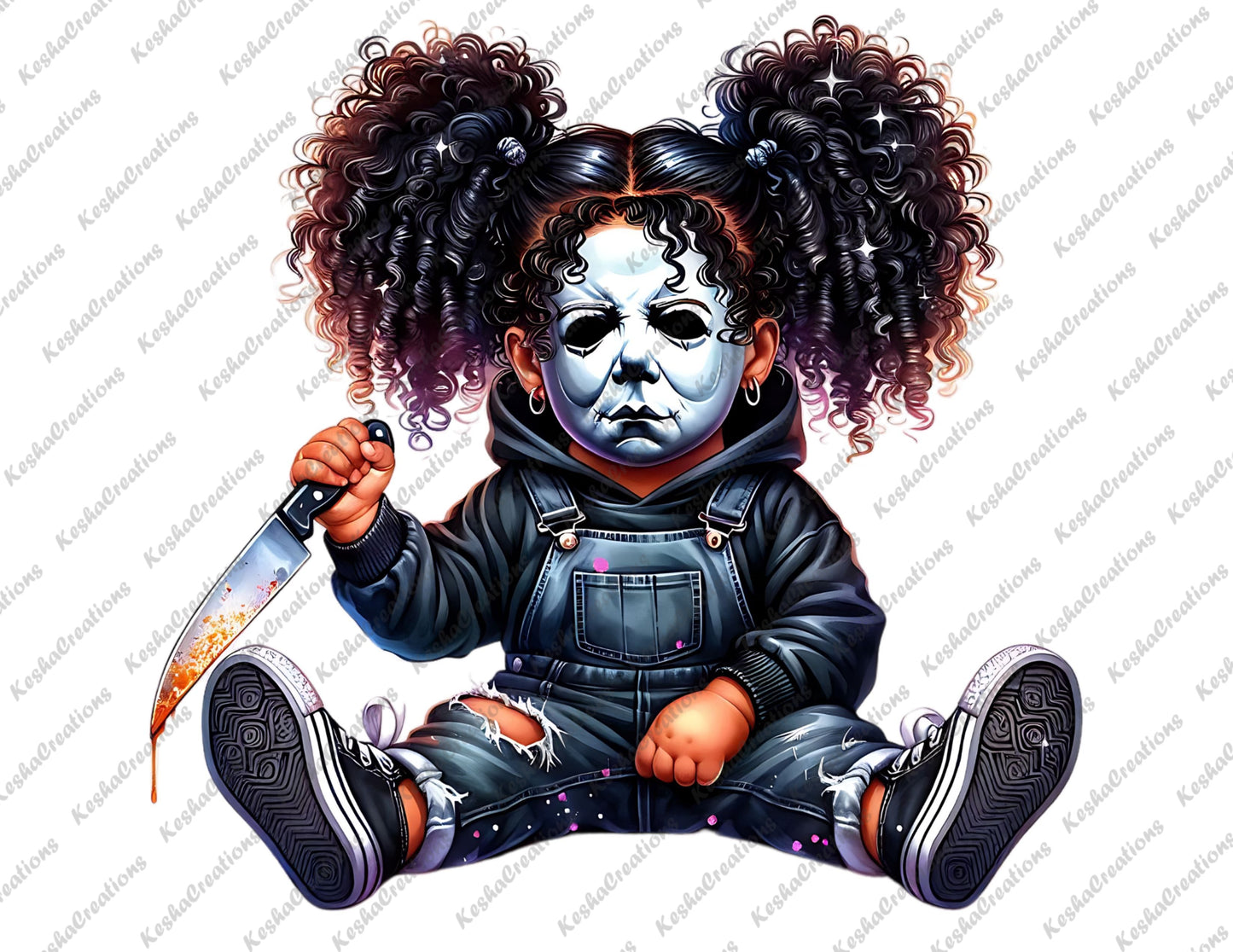 Baby girl character with curly pigtails, wearing a Michael Myers mask, dressed in a black jumpsuit, holding a blood-stained knife.