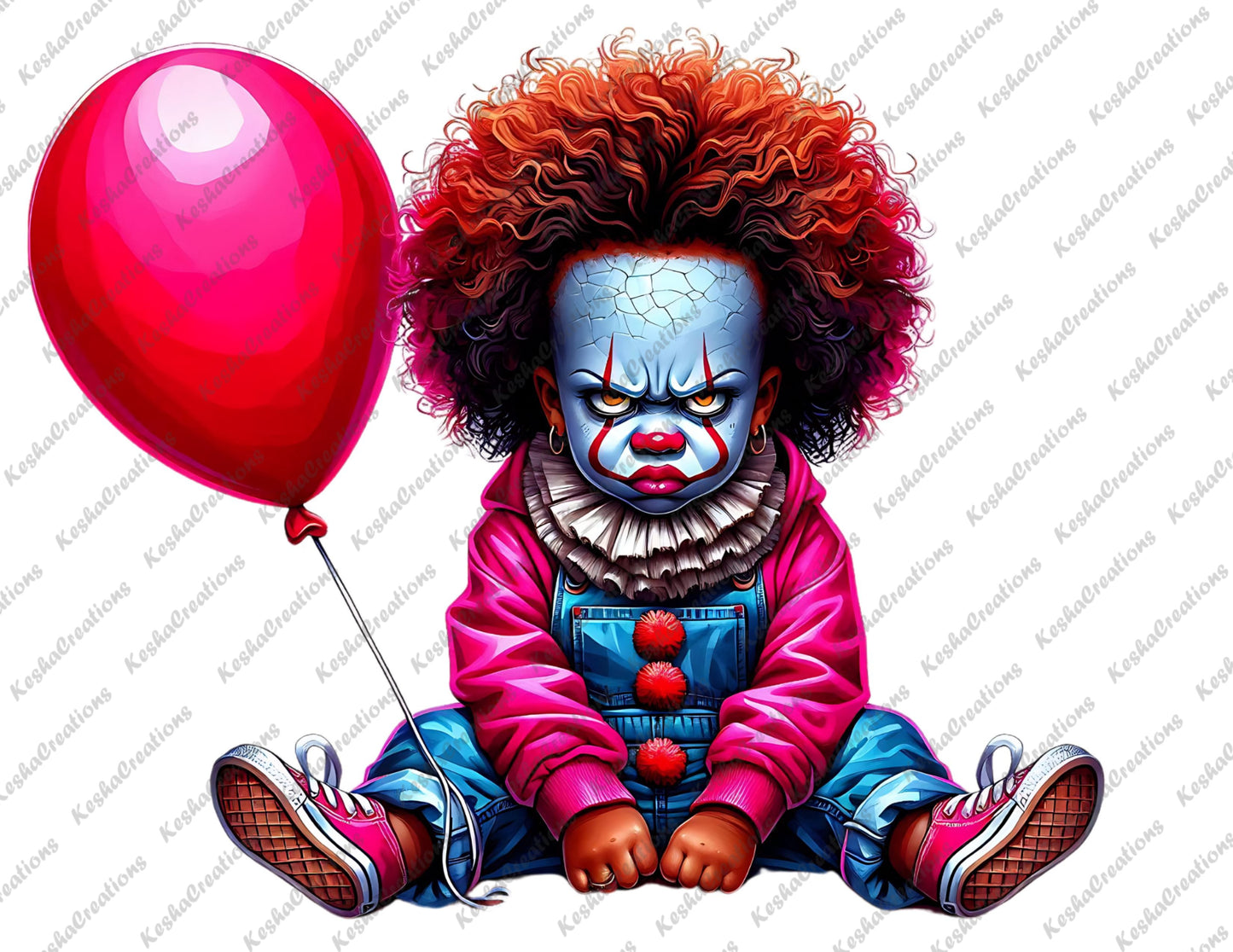 Baby boy clown with red afro hair, wearing a pink hoodie and blue overalls, holding a red balloon.