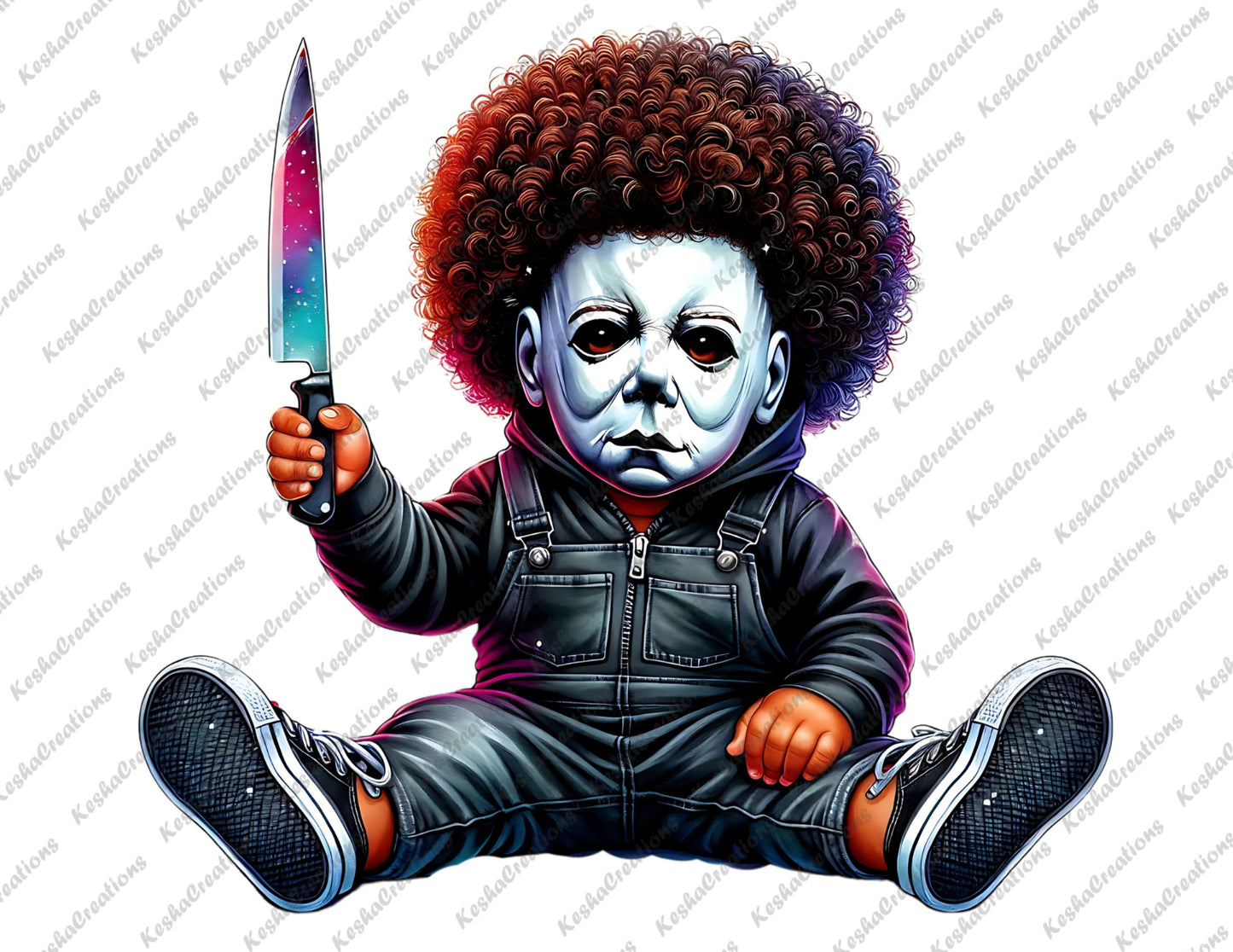 Baby boy character with afro hair, wearing a Michael Myers mask, dressed in a black jumpsuit, holding a multicolored knife.