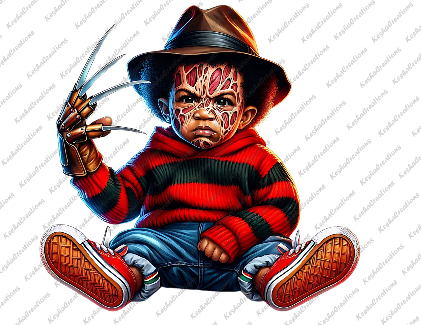 Baby boy dressed as Freddy Krueger, with burnt face design, wearing a striped sweater, brown hat, and glove with claws.