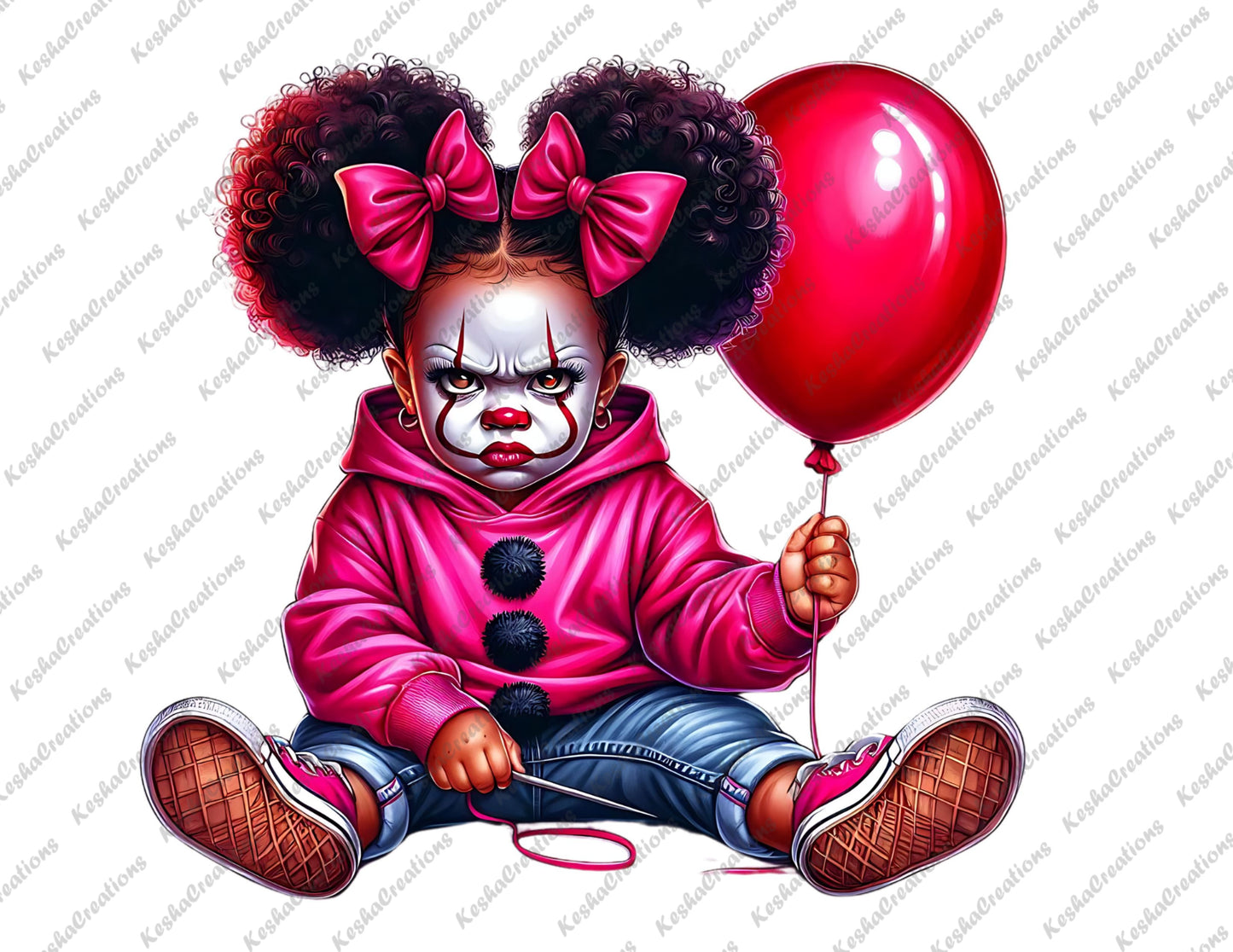Baby girl clown with large curly puffs, pink bows, and a red balloon, dressed in a pink hoodie.
