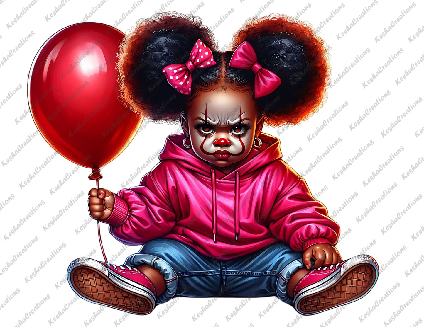 Baby girl clown with pigtails, wearing a pink hoodie and holding a red balloon
