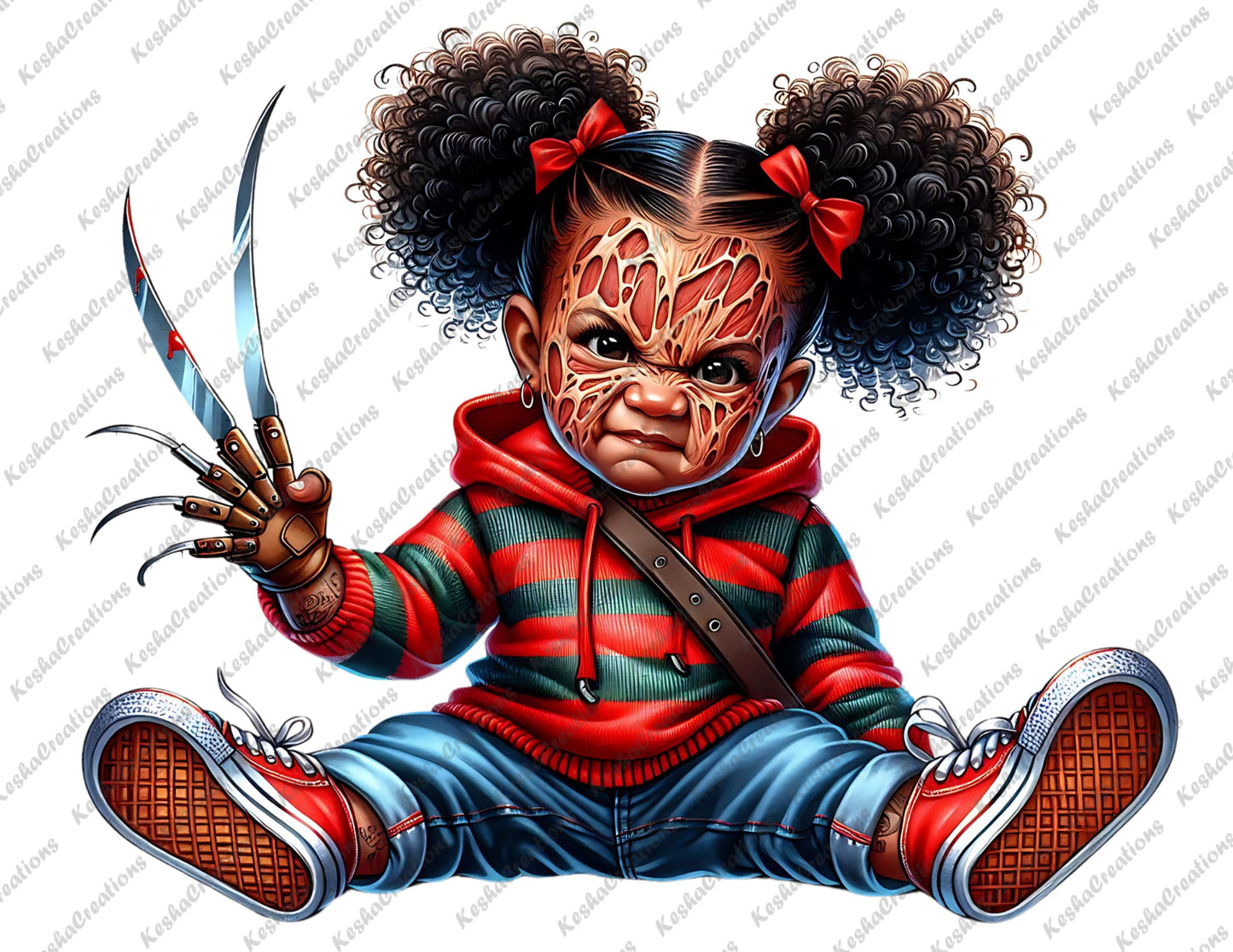 Baby girl dressed as Freddy Krueger, with curly pigtails, burnt face design, wearing a striped sweater, and glove with claws.