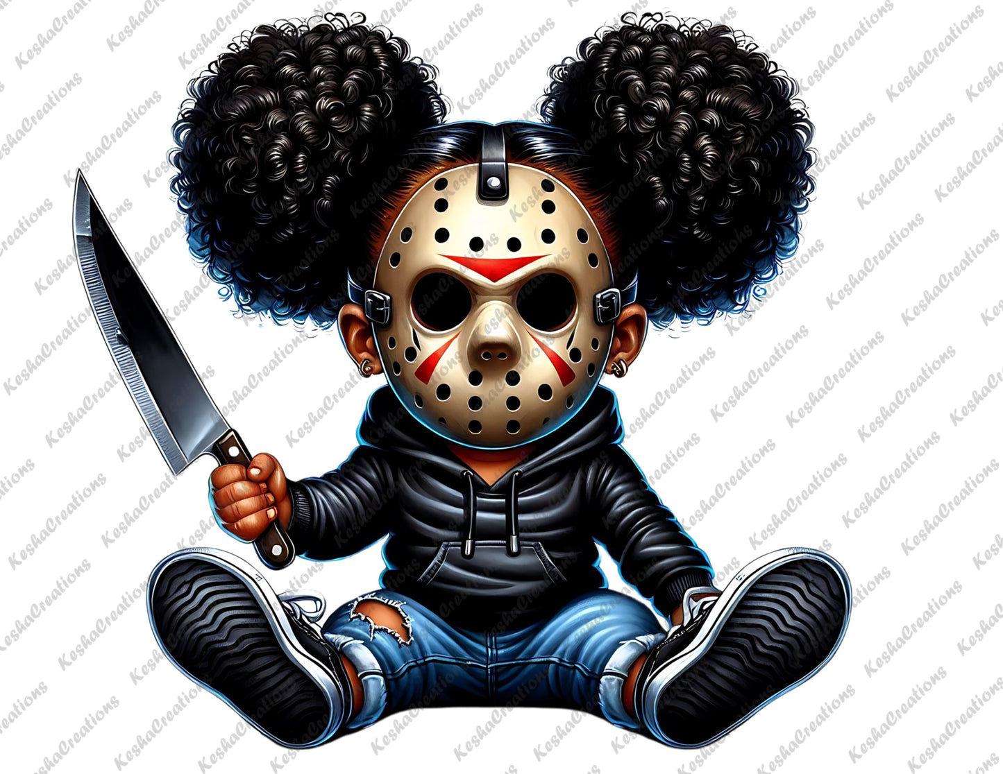 Baby girl character with large curly puffs, wearing a Jason Voorhees mask, holding a large kitchen knife, dressed in a black hoodie.