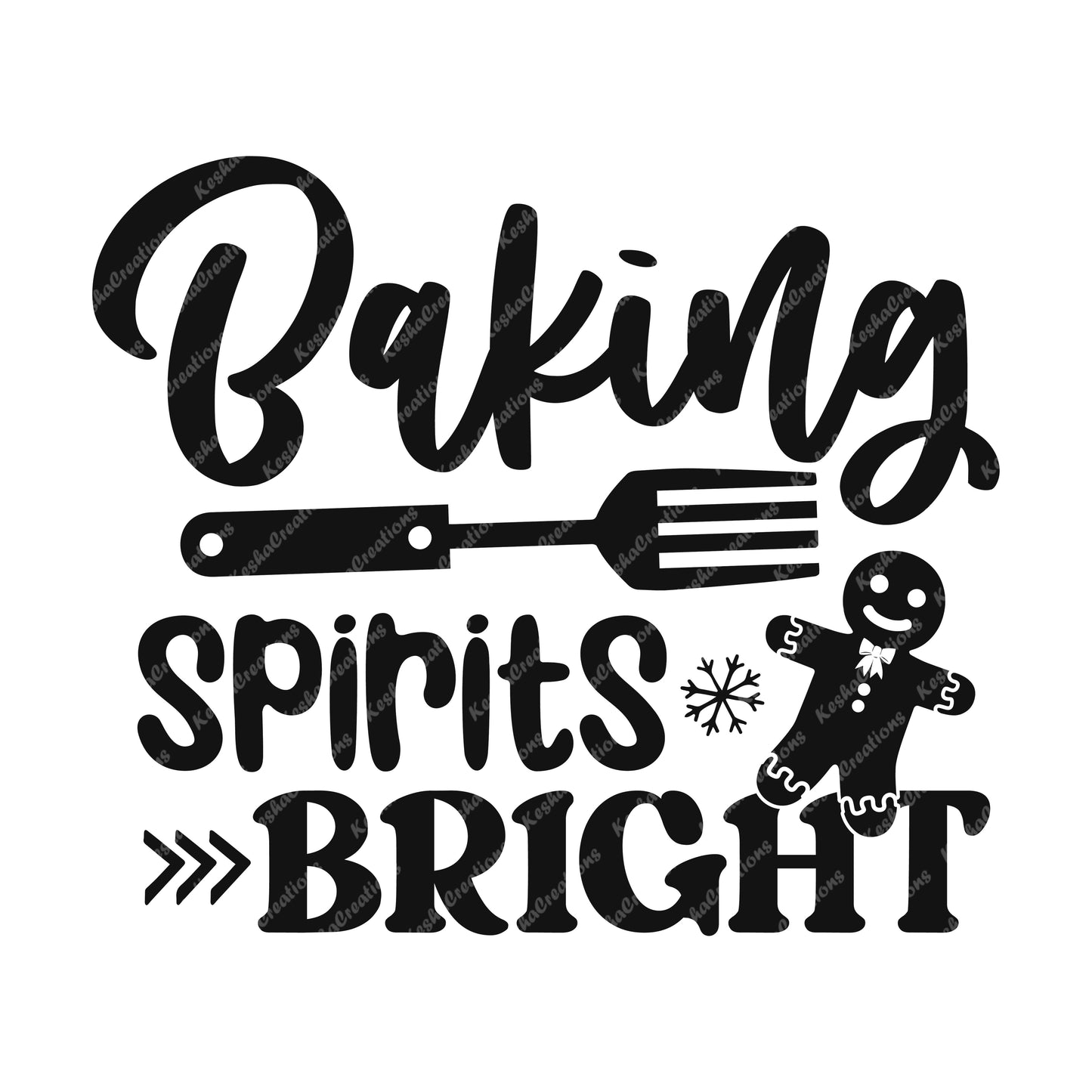 Baking Spirits Bright design with a spatula, gingerbread man, and festive elements, paired with bold lettering.
