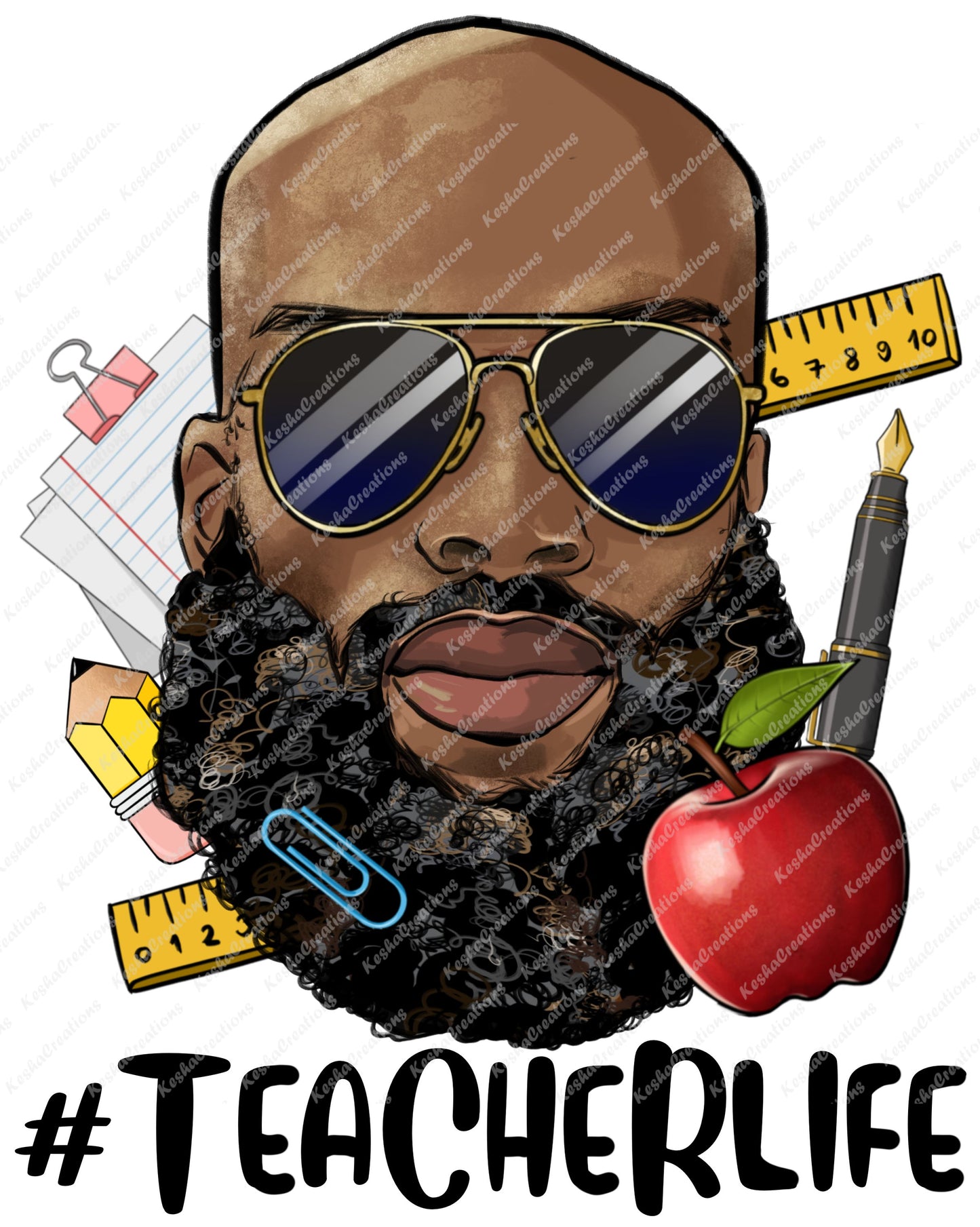 A graphic of a bald Black man wearing aviator sunglasses, surrounded by school supplies like a ruler, pencil, paperclip, notebook paper, pen, and a red apple, symbolizing pride in the teaching profession.