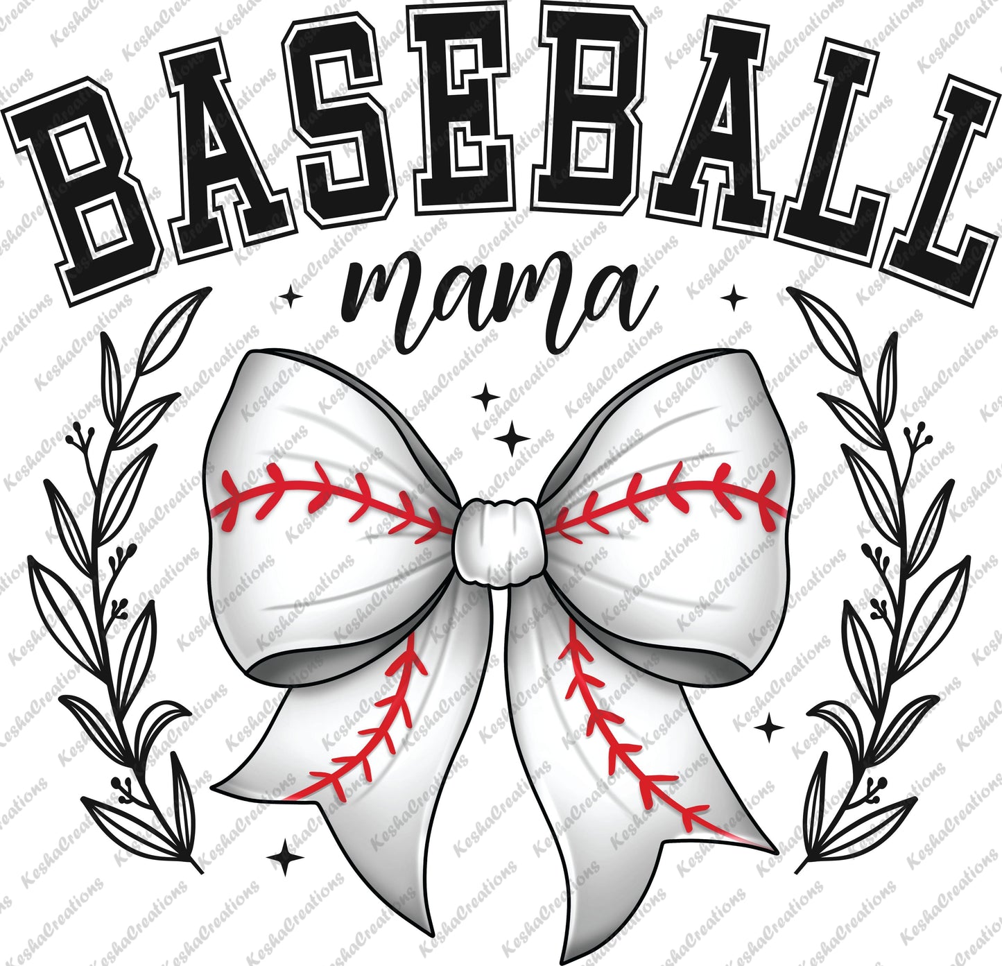 A DTF transfer design with the text "Baseball Mama" in bold, accompanied by a white bow. The bow features red stitching that mimics baseball seams, highlighting a mother’s love for the game.