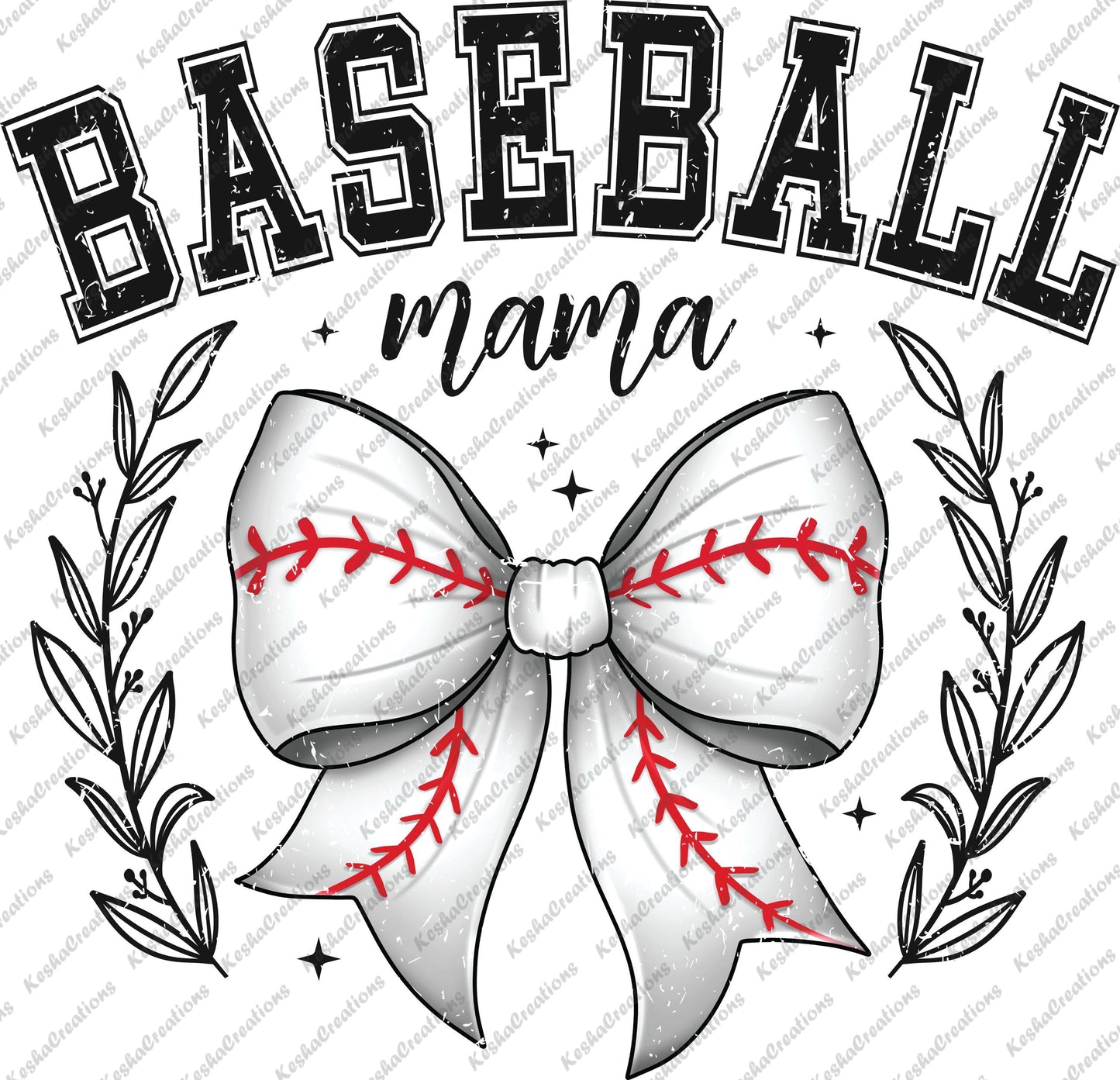 A retro-grunge style DTF transfer design featuring the words "Baseball Mama" with a white bow in the center. The bow has red baseball stitching details, giving a sporty and maternal theme.
