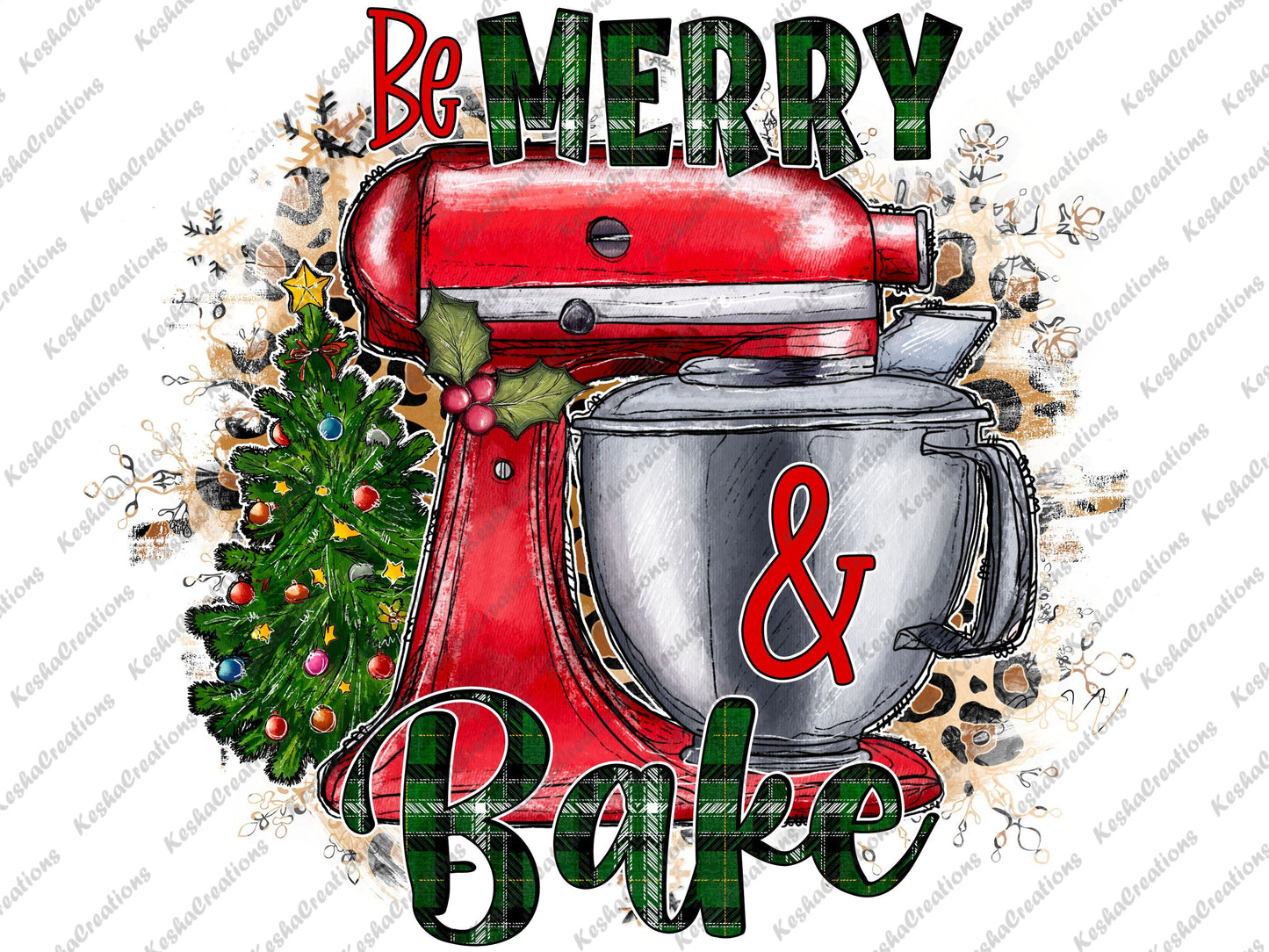 Illustration of a red mixer and a Christmas tree with the words "Be Merry & Bake" in festive style.