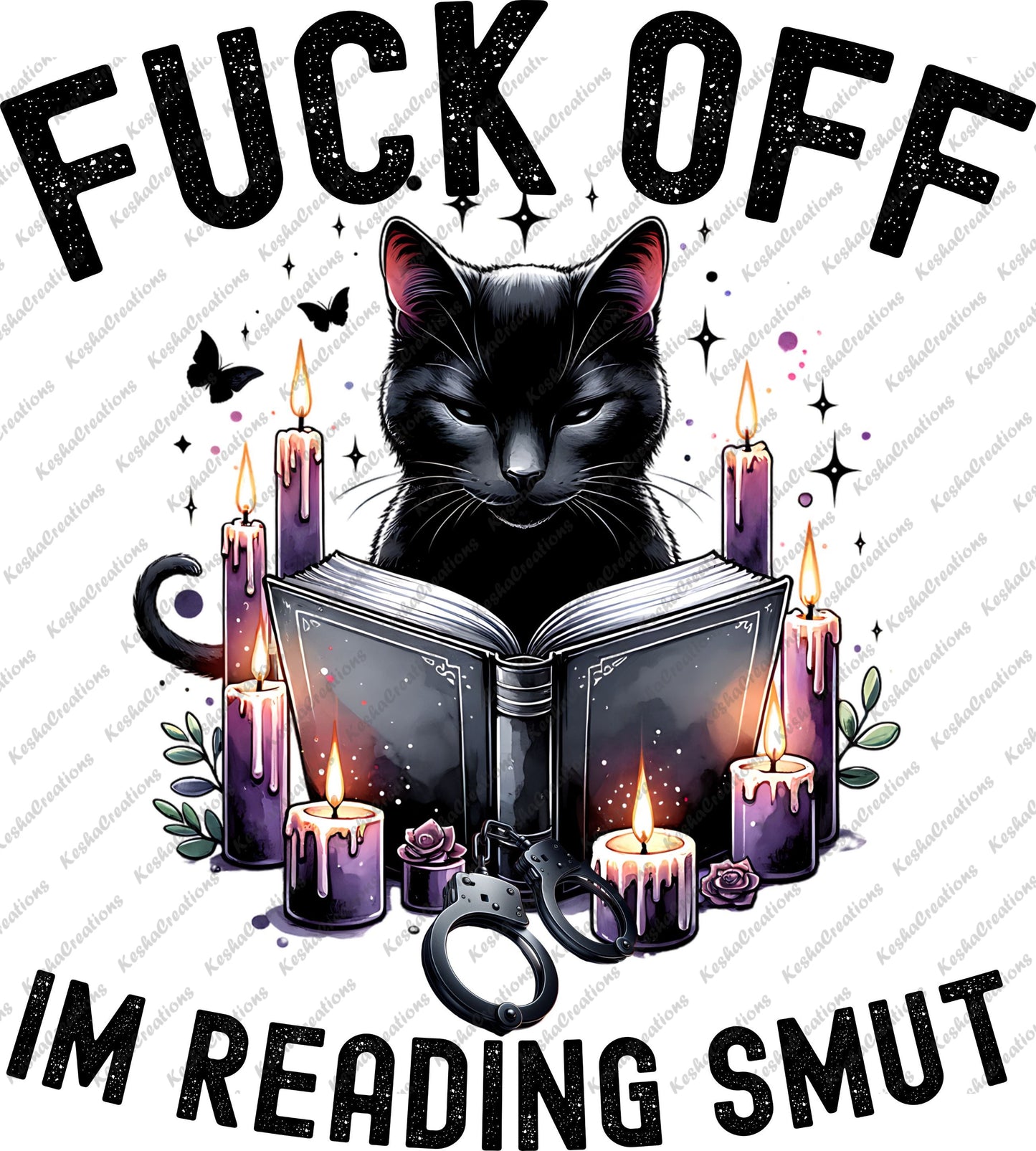 Illustration of a black cat sitting and reading a book with "Smut Reader" text, designed for Direct-to-Film (DTF) transfers, perfect for customizing T-shirts and other apparel.