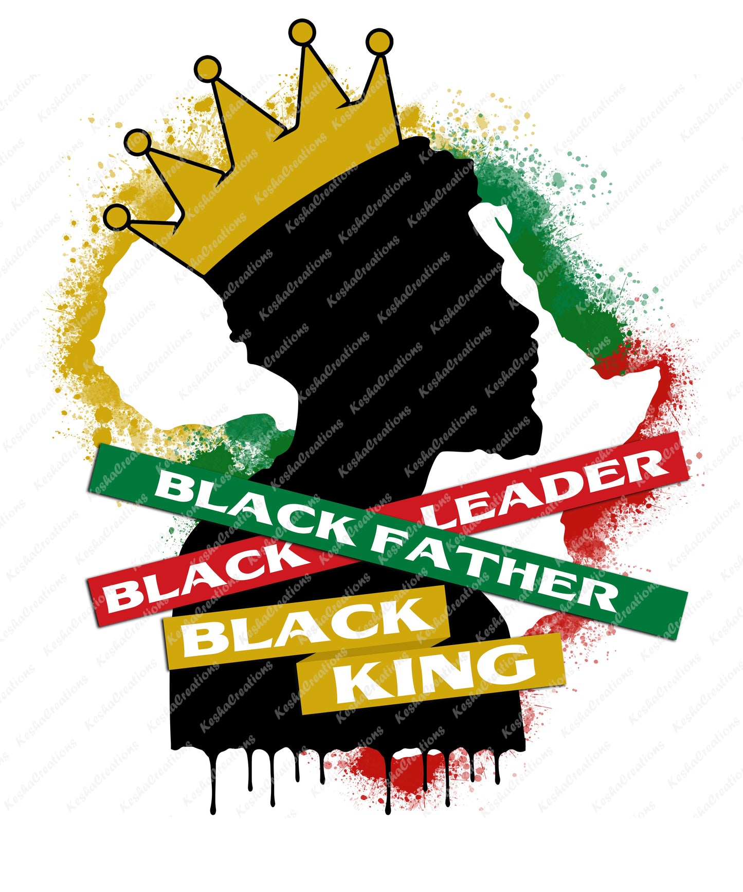 A striking design featuring the silhouette of the African continent with a golden crown and bold text overlays reading "Black Father," "Black Leader," and "Black King" in red, green, and gold colors. The design embodies pride, heritage, and strength in Black culture.