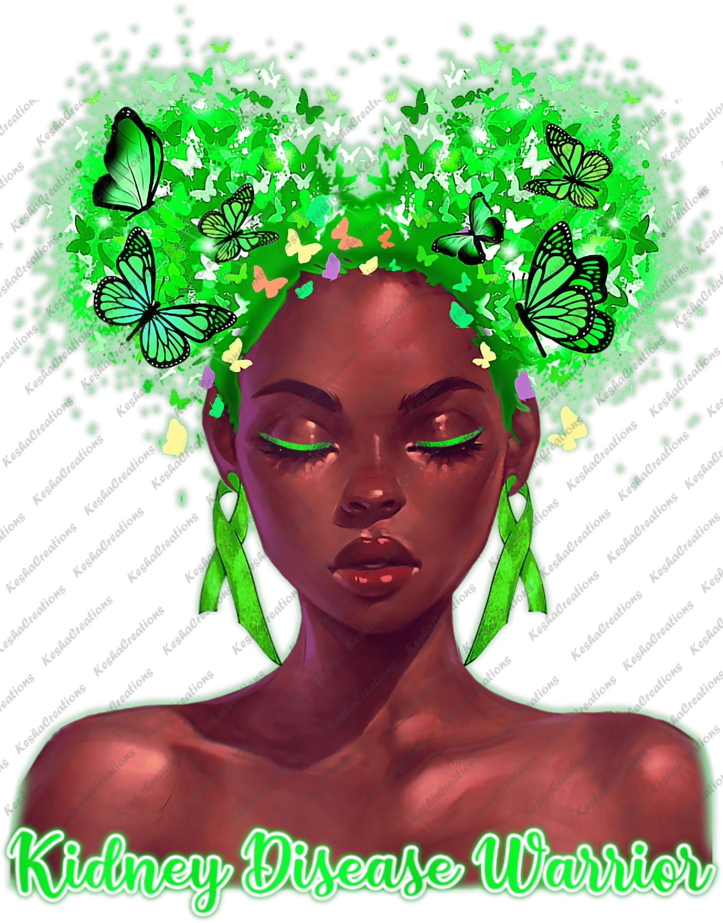 Kidney Disease Warrior design featuring a Black woman with green hair shaped like butterflies, green ribbons, and bold text.
