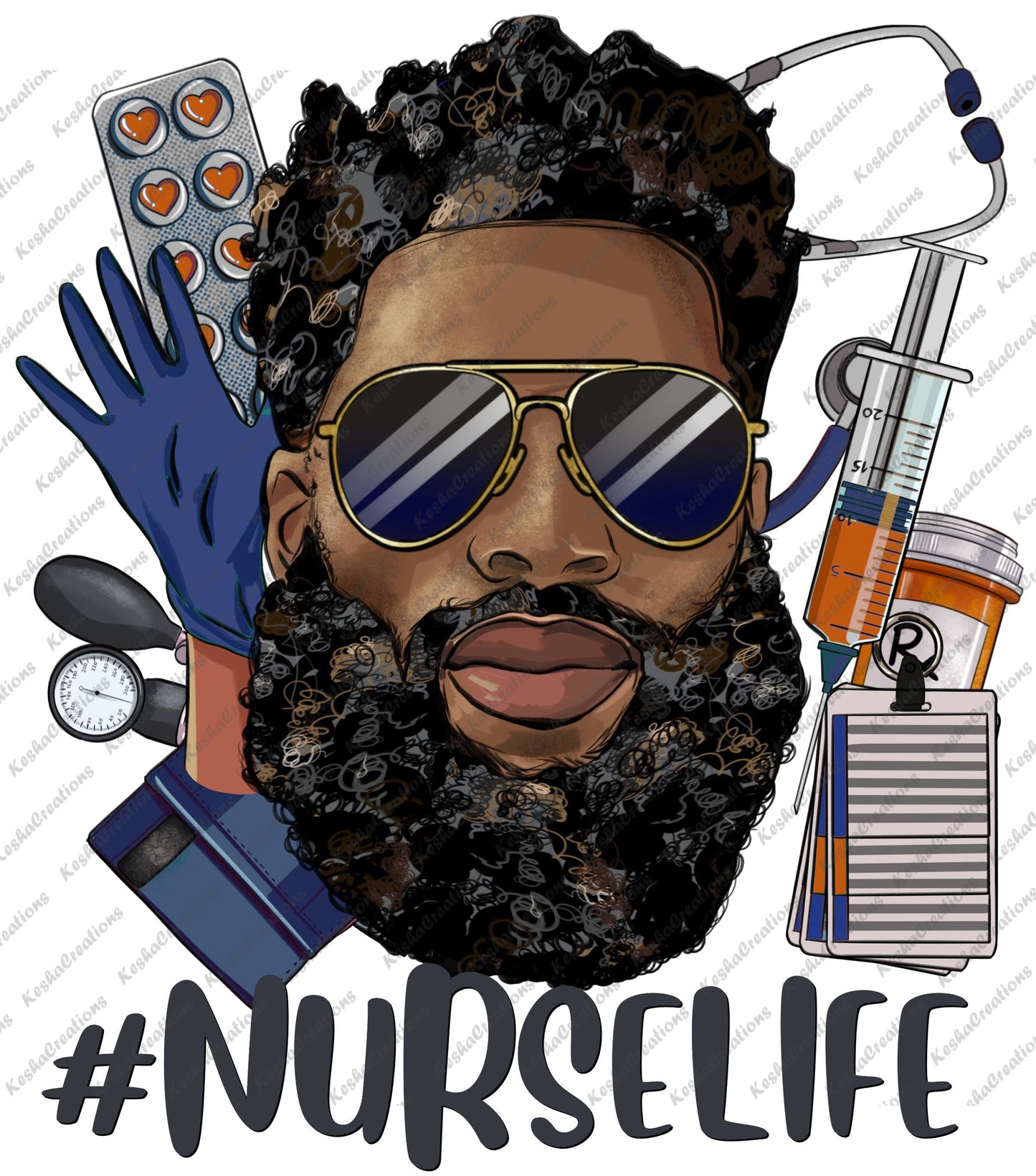 A graphic of a Black man with curly hair and aviator sunglasses, surrounded by medical supplies such as a stethoscope, syringe, pill bottle, clipboard, blue gloves, and blood pressure cuff. The design features the text "#NURSELIFE" at the bottom, symbolizing pride and resilience in the nursing profession.