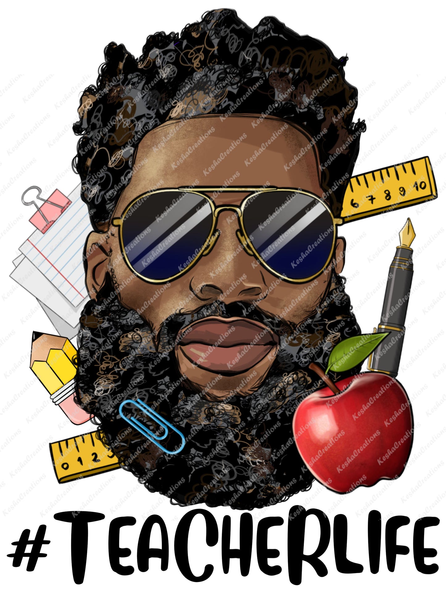 A graphic of a Black man with curly hair and aviator sunglasses, surrounded by school supplies including a ruler, pencil, paperclip, notebook paper, pen, and a red apple, celebrating the strength and dedication of teachers.