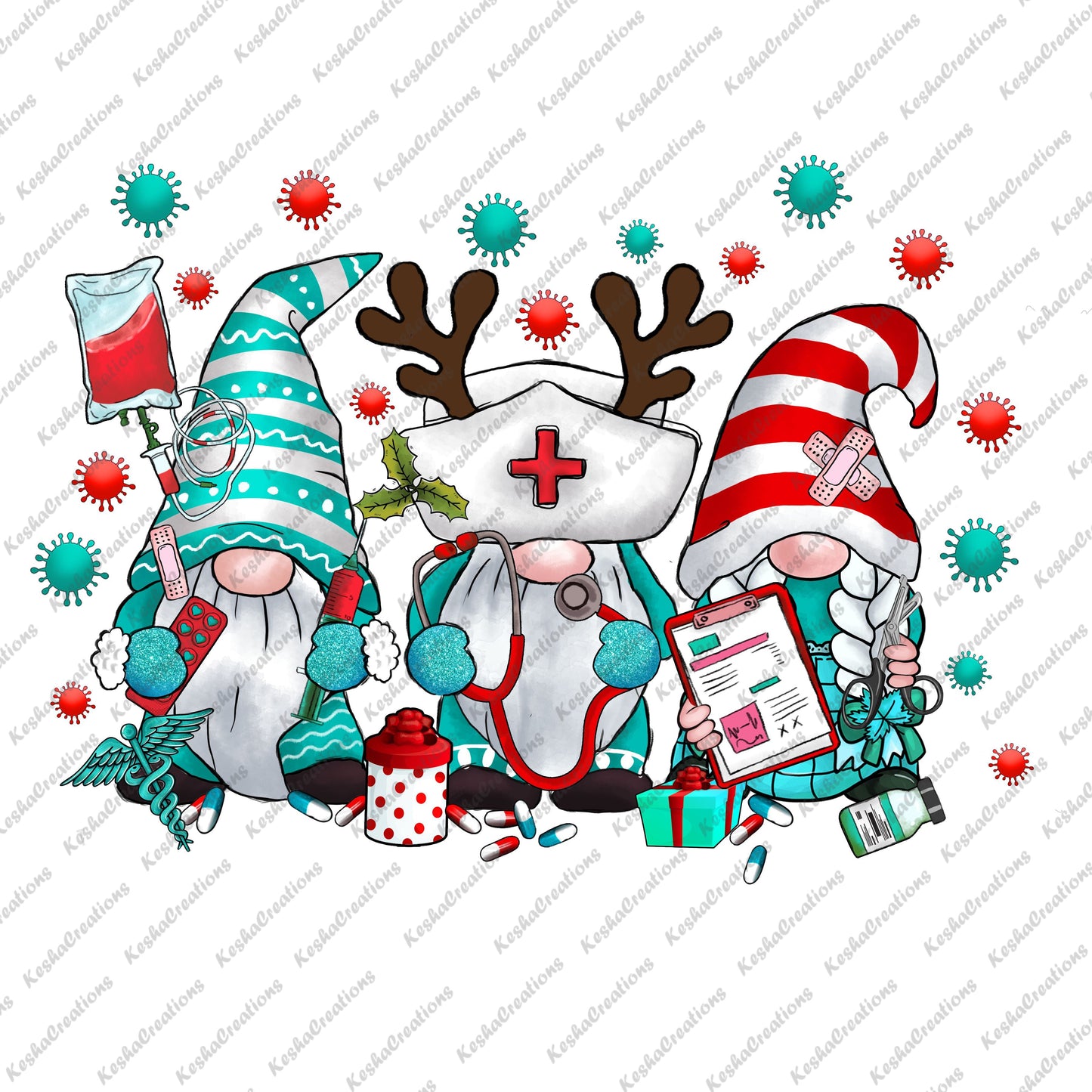 Three Christmas gnomes dressed as nurses, each holding medical items like a syringe and clipboard, surrounded by holiday decorations.