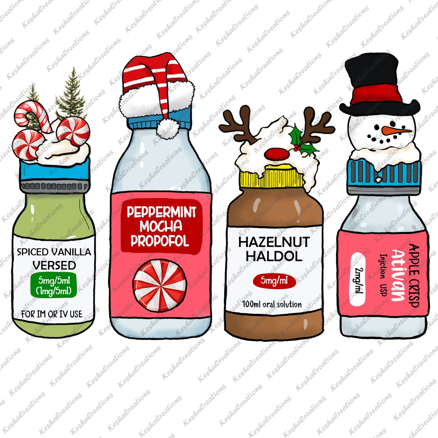 A collection of holiday-themed medication bottles labeled with festive flavors like "Spiced Vanilla Versed" and "Apple Crisp Ativan," decorated with holiday elements such as Santa hats, snowmen, and peppermint candy.