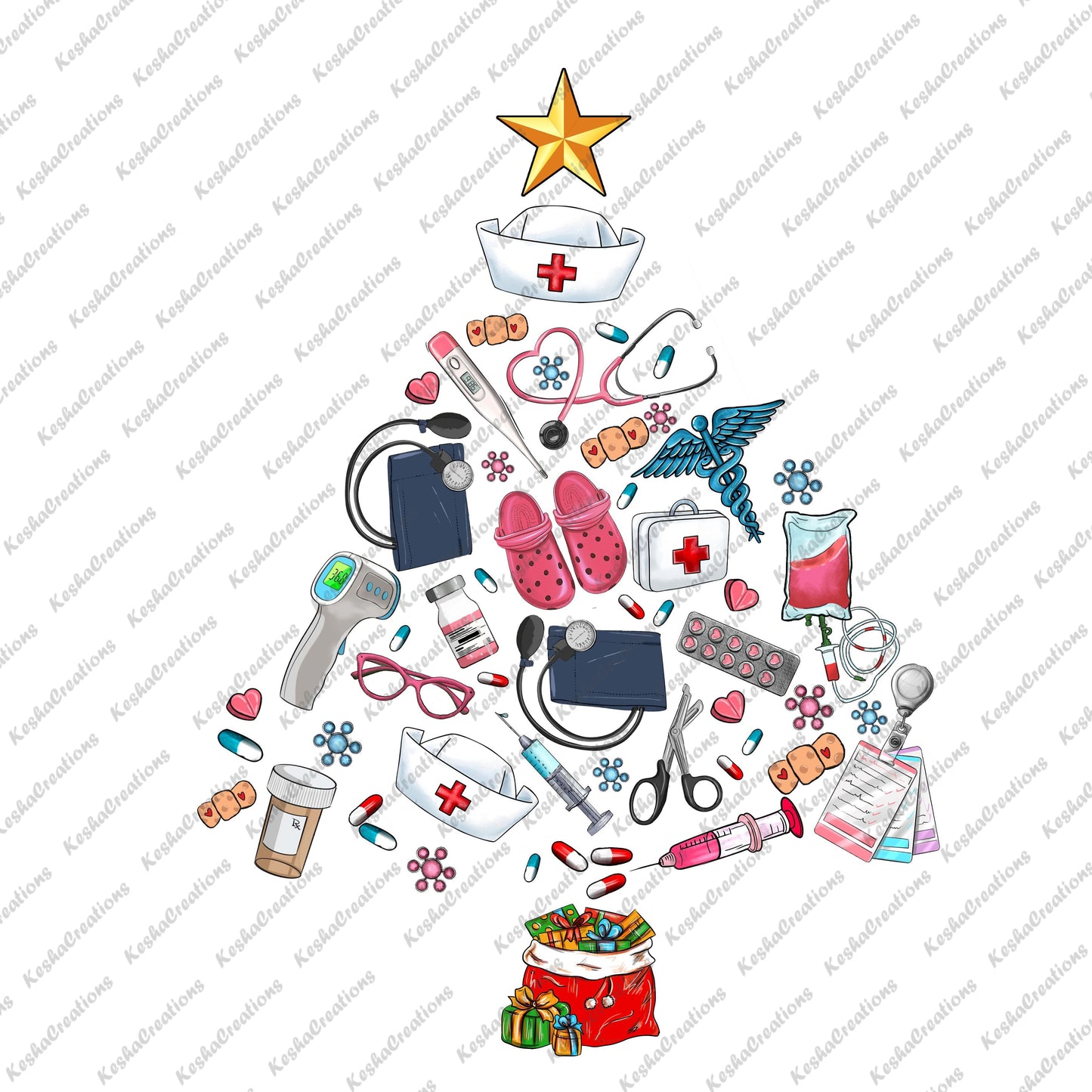 A Christmas tree shape made out of nursing essentials like a stethoscope, nurse hat, clipboard, bandages, and medical equipment, topped with a star.
