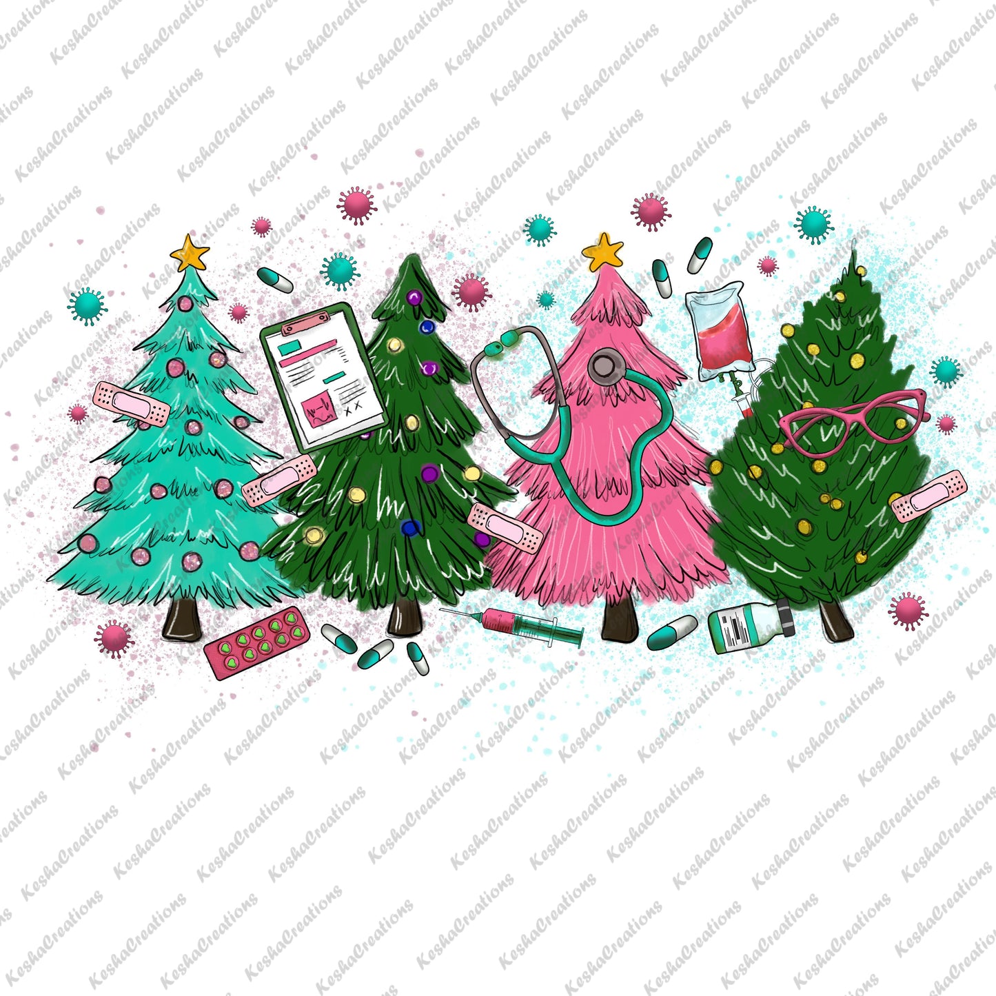 A lineup of Christmas trees decorated with nursing-related ornaments, including bandages, stethoscopes, pill bottles, and other medical items, set against a festive background.
