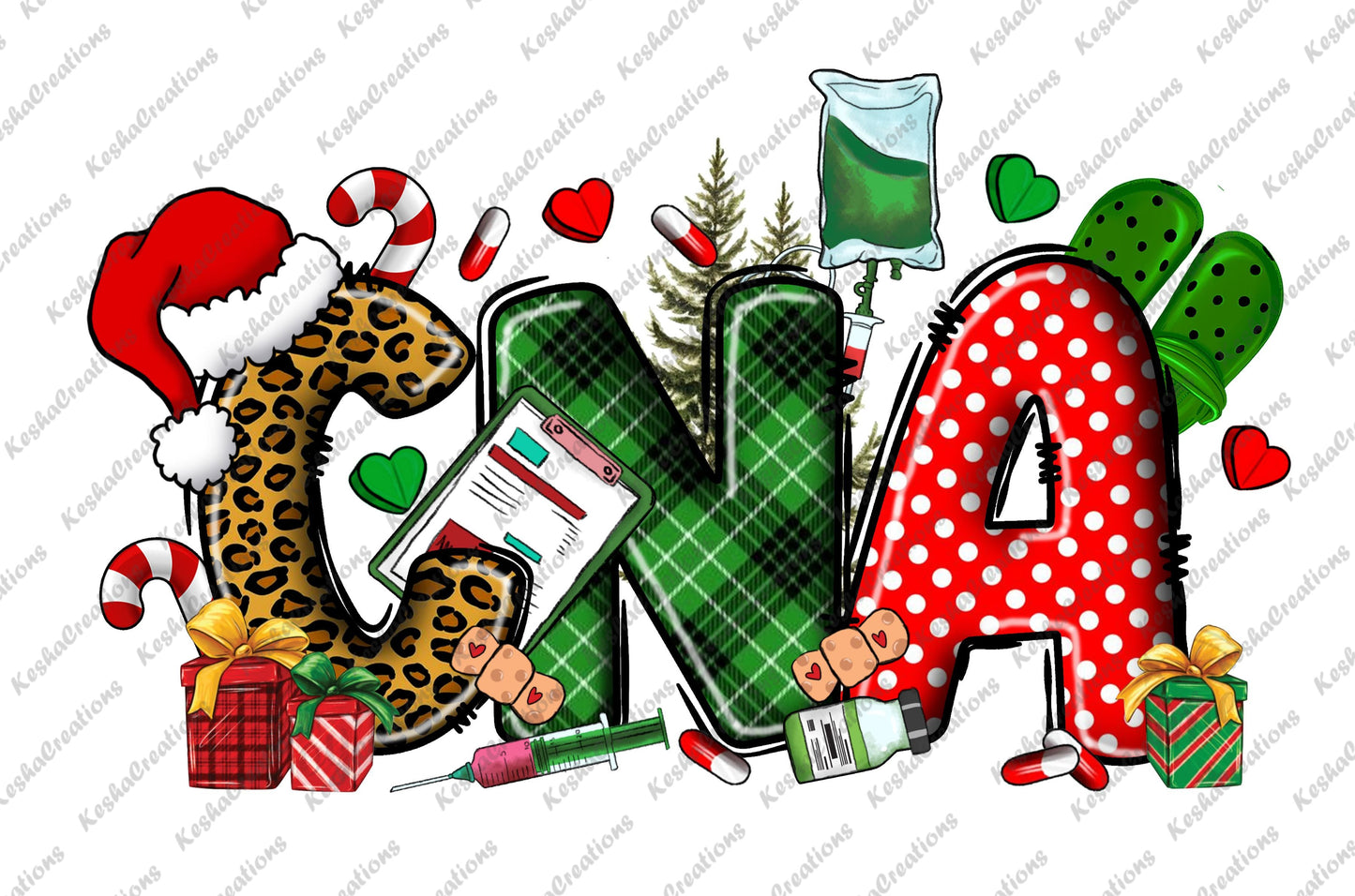 Festive CNA letters decorated with Christmas patterns, Santa hat, medical items, and holiday decor.