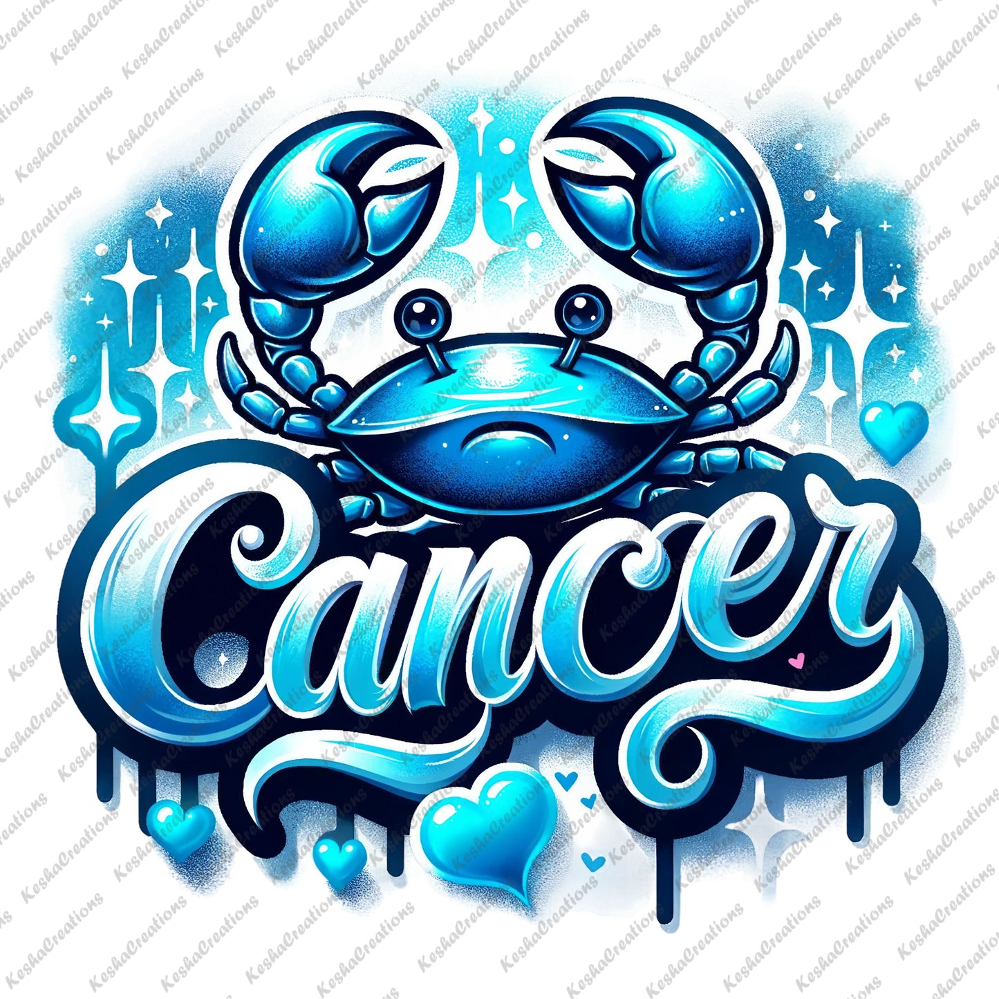 A soft blue Cancer zodiac design with a crab icon, flowing typography, and shimmering stars and heart accents.