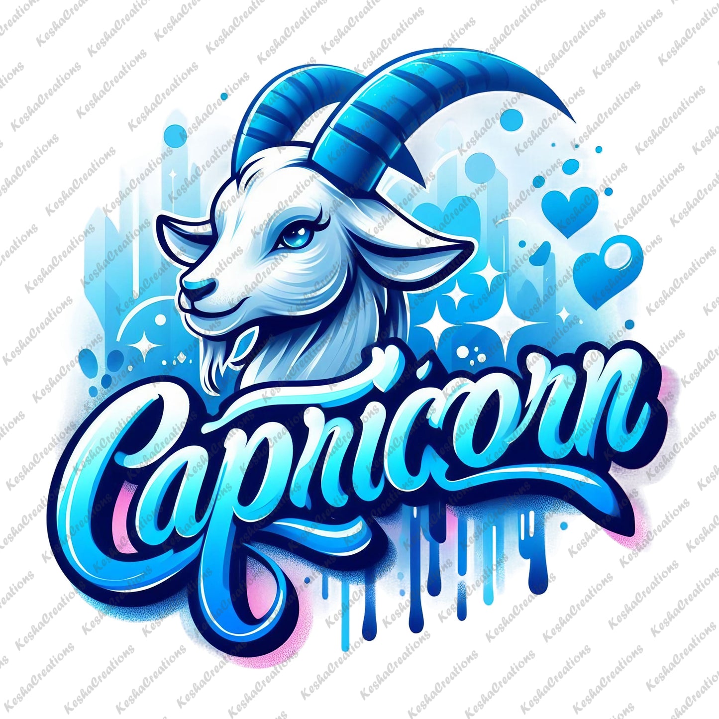 A bright blue Capricorn zodiac design with a playful goat icon, bold lettering, and added heart and star decorations.