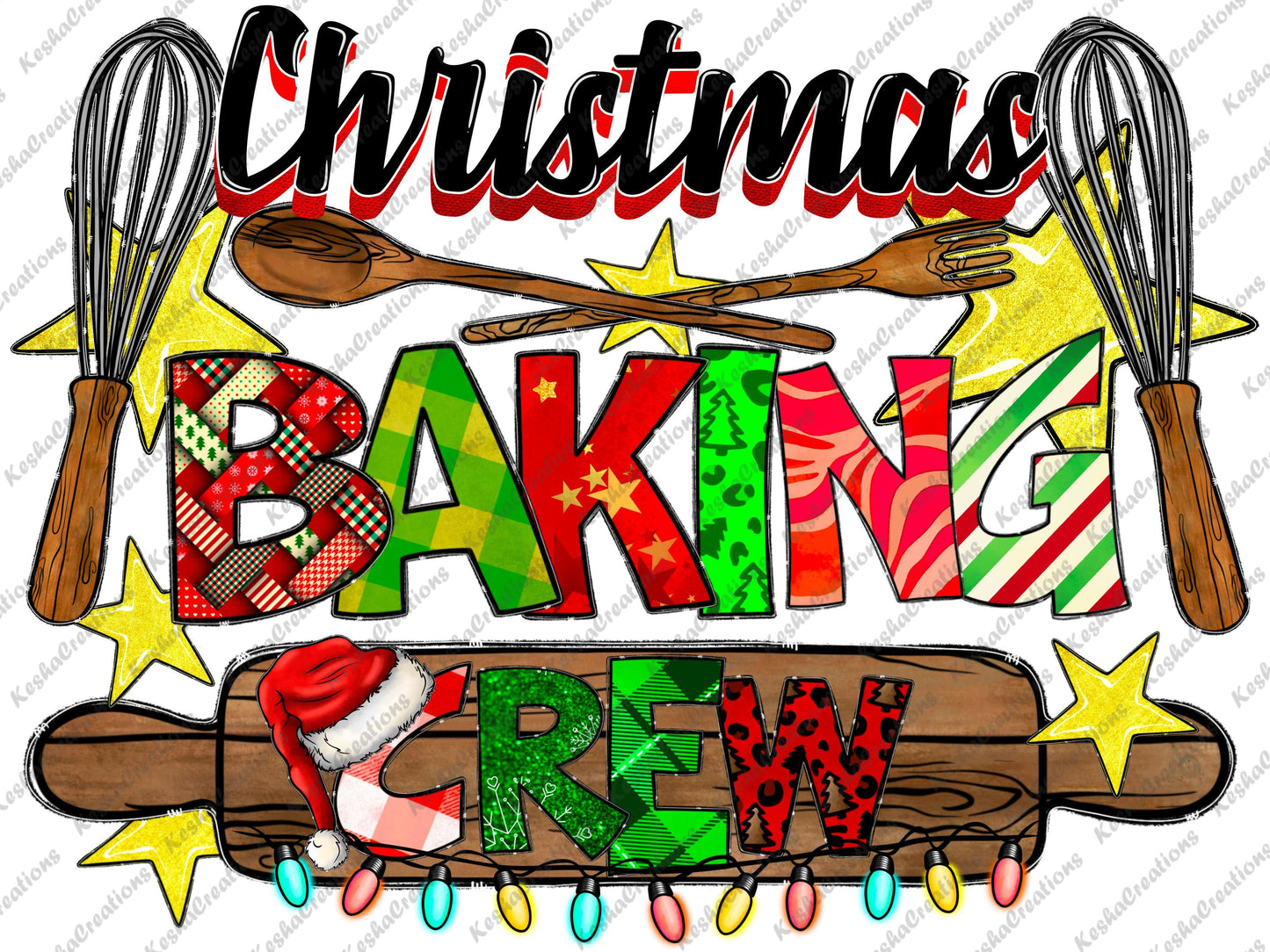 Colorful "Christmas Baking Crew" text with a rolling pin, whisks, and festive decor.