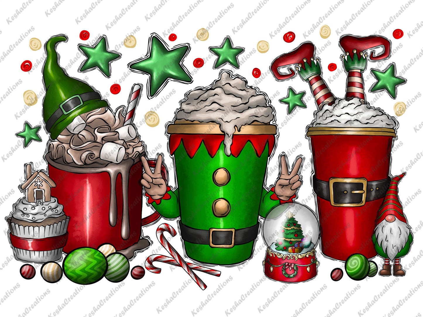 A trio of elf-themed holiday coffee cups with candy canes, snowflakes, and festive toppings, featuring a gnome and peace-sign gestures, surrounded by holiday decorations.