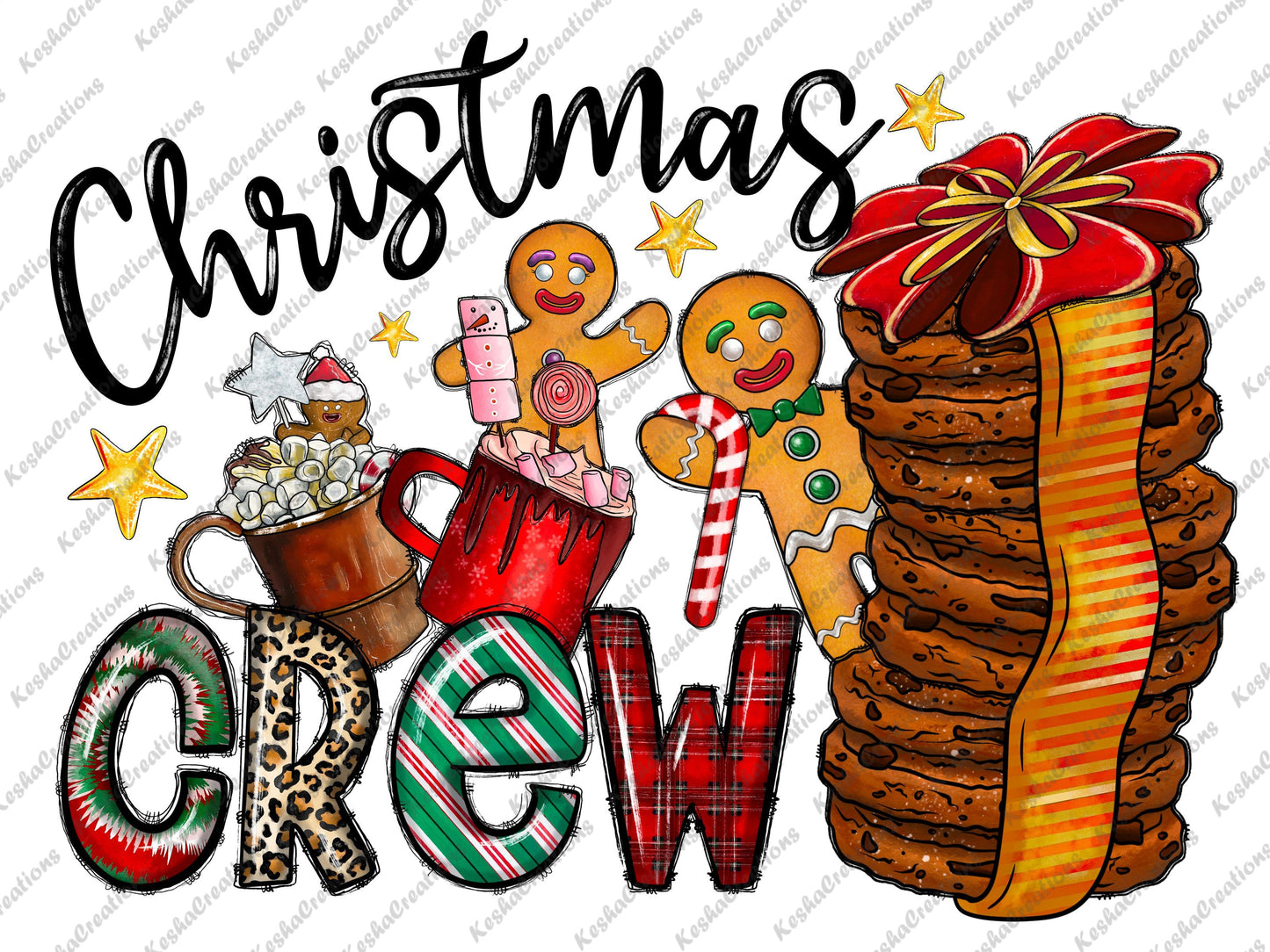 The phrase "Christmas Crew" with gingerbread men, cocoa, cookies, and holiday treats.