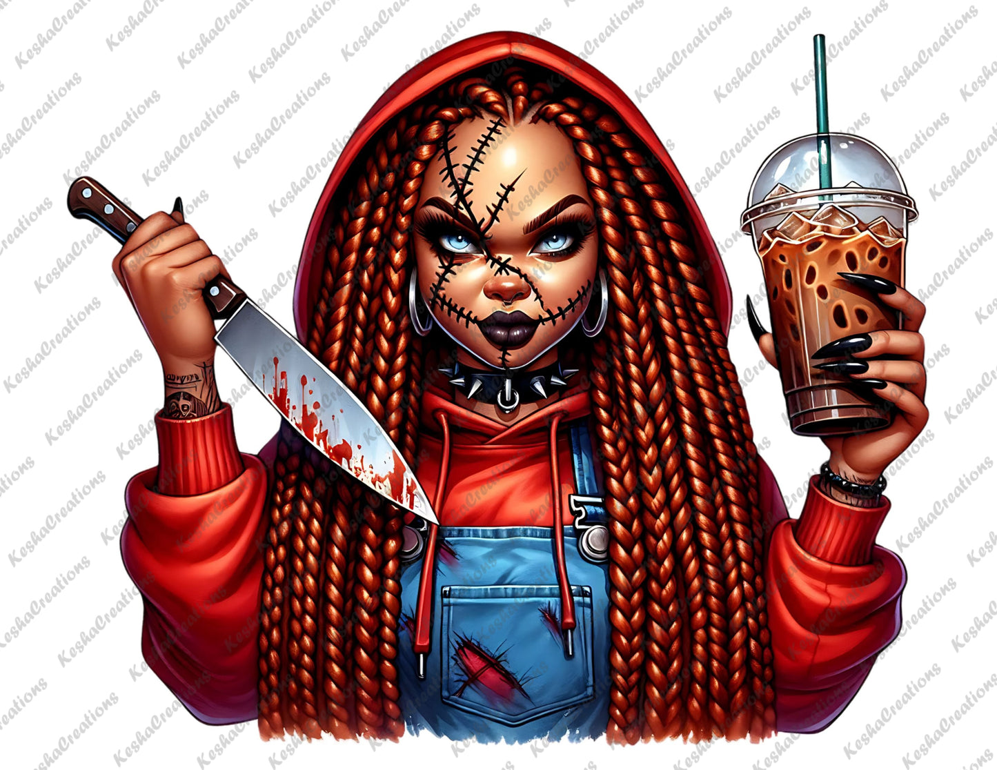African American female character with red braids, dressed as Chucky, holding a bloody knife and iced coffee.