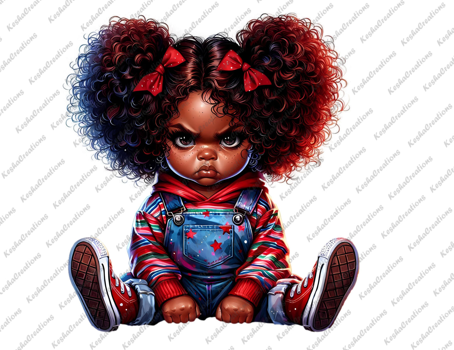 Baby girl character with large curly puffs, dressed as Chucky in overalls and rainbow sleeves, sitting with a serious expression.