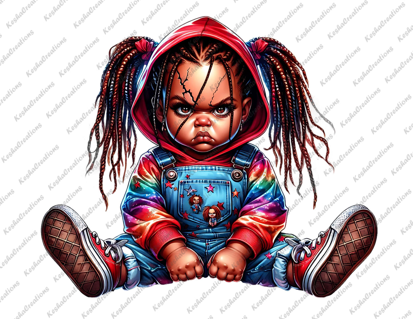Baby girl character with long red braids, dressed as Chucky in overalls and rainbow sleeves, sitting with a fierce expression.
