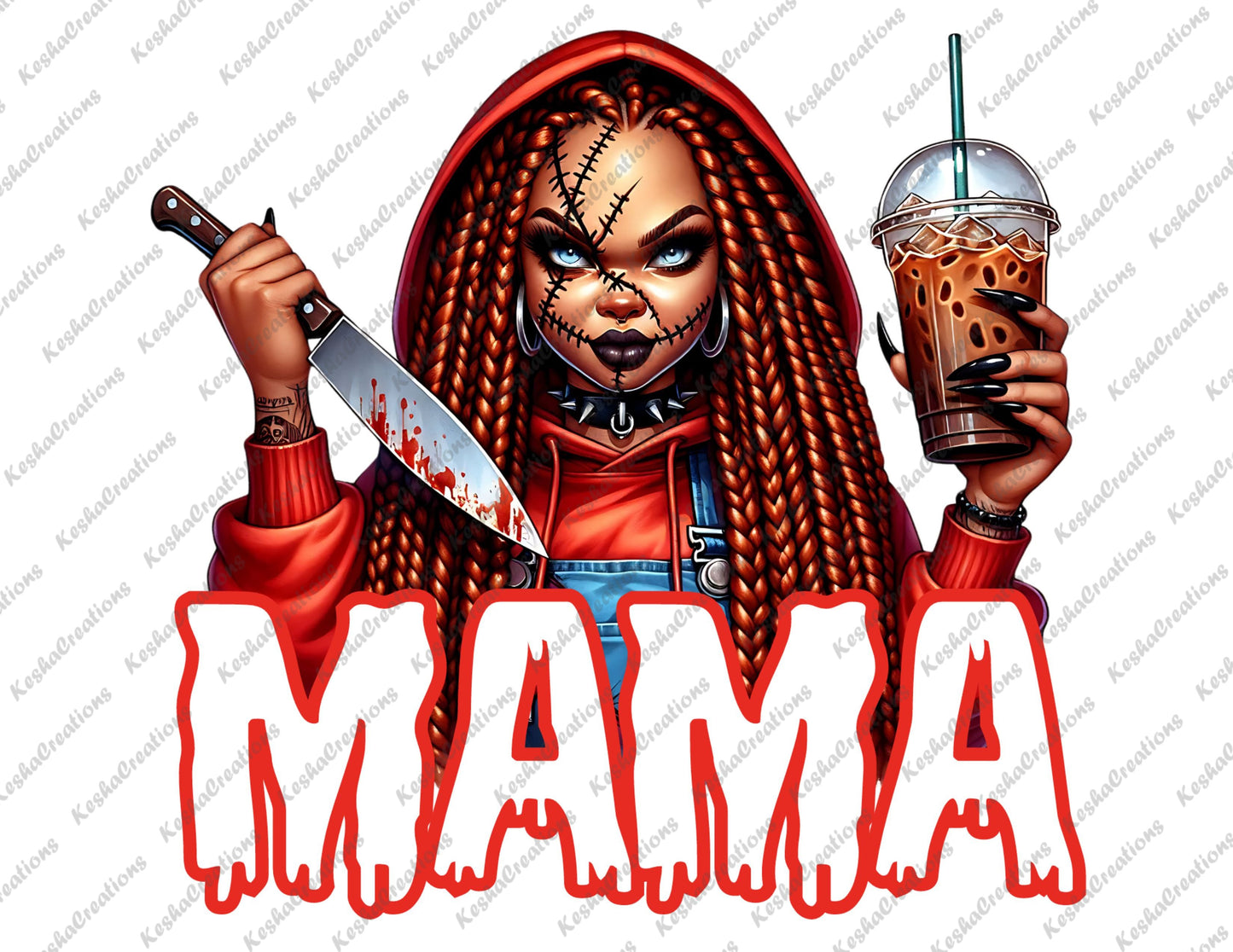 African American female character with red braids, dressed as Chucky, holding a bloody knife and iced coffee, with 'MAMA' text in dripping white letters.