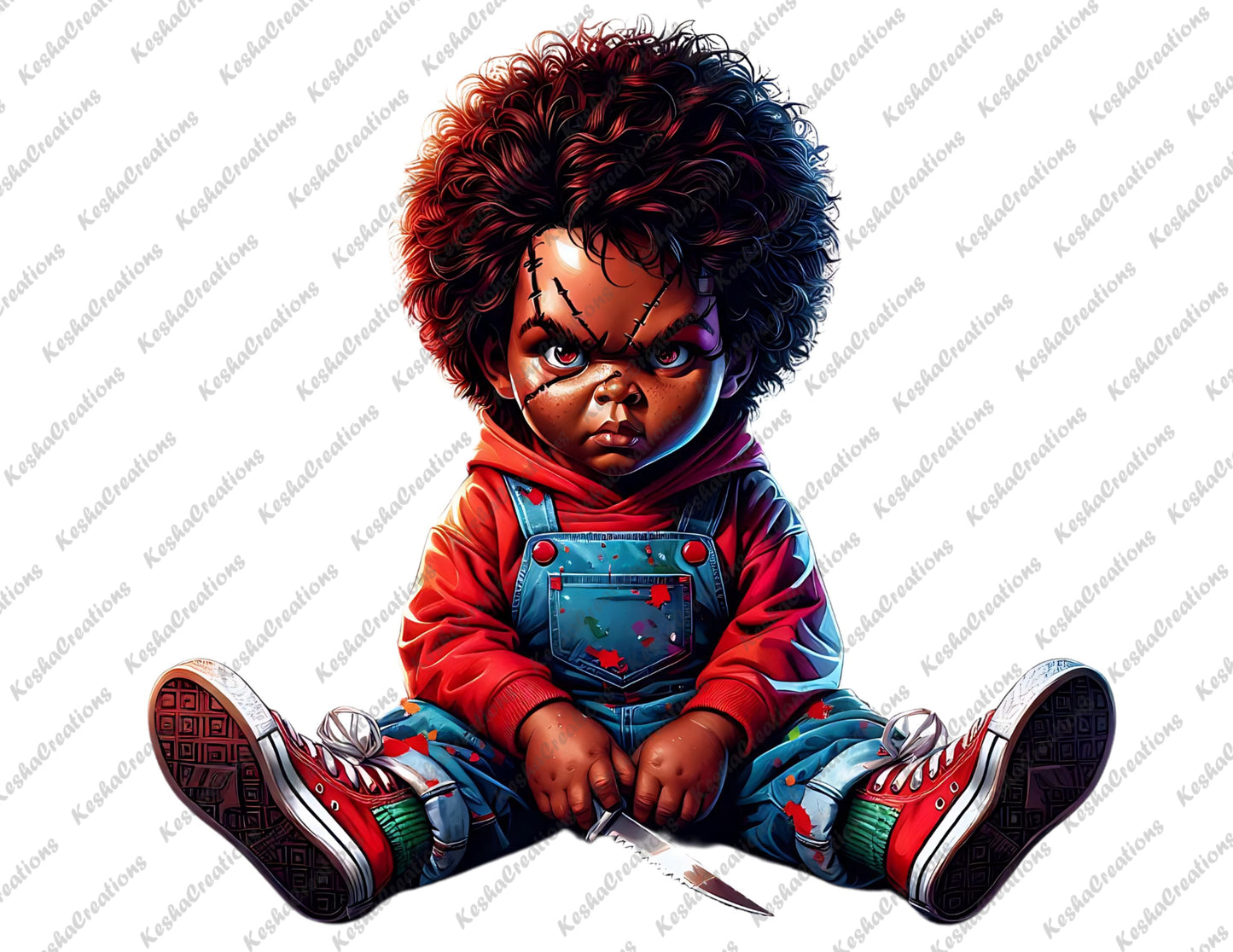 Baby boy character with afro hair, dressed as Chucky in overalls and a red hoodie, holding a bloody knife, sitting with a serious expression.