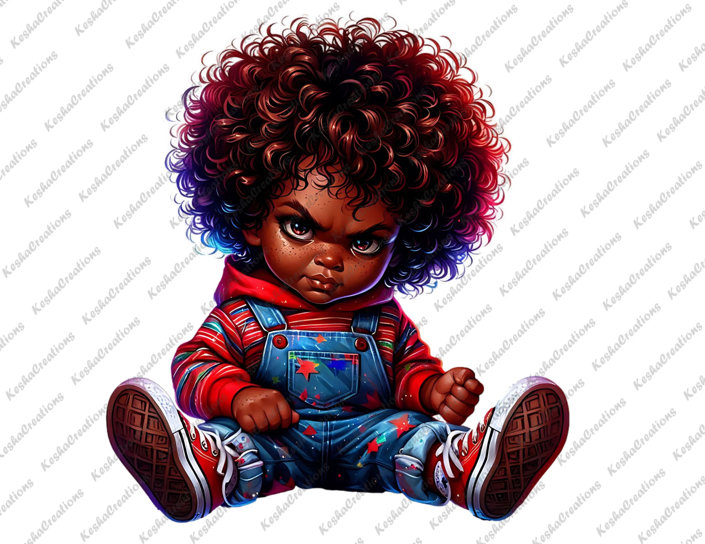 "Baby boy character with afro hair, dressed as Chucky in overalls and a red hoodie, sitting with a fierce expression.
