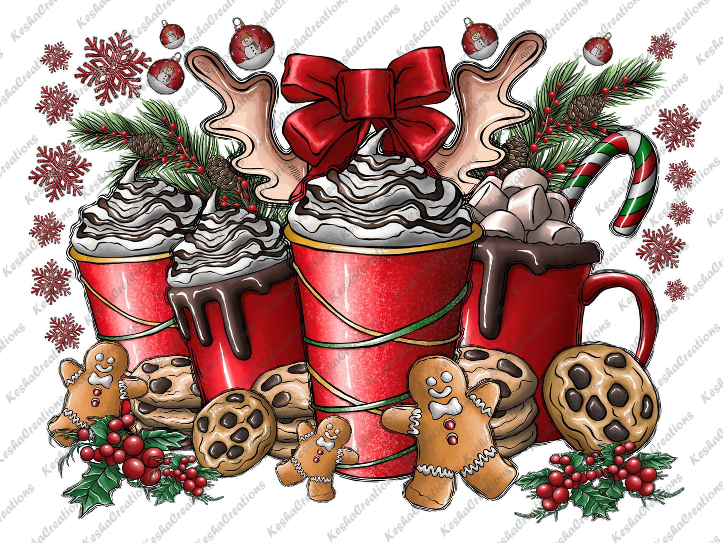 Red holiday cups topped with whipped cream and chocolate drizzle, surrounded by gingerbread cookies, holly, and candy canes for a classic Christmas feel.