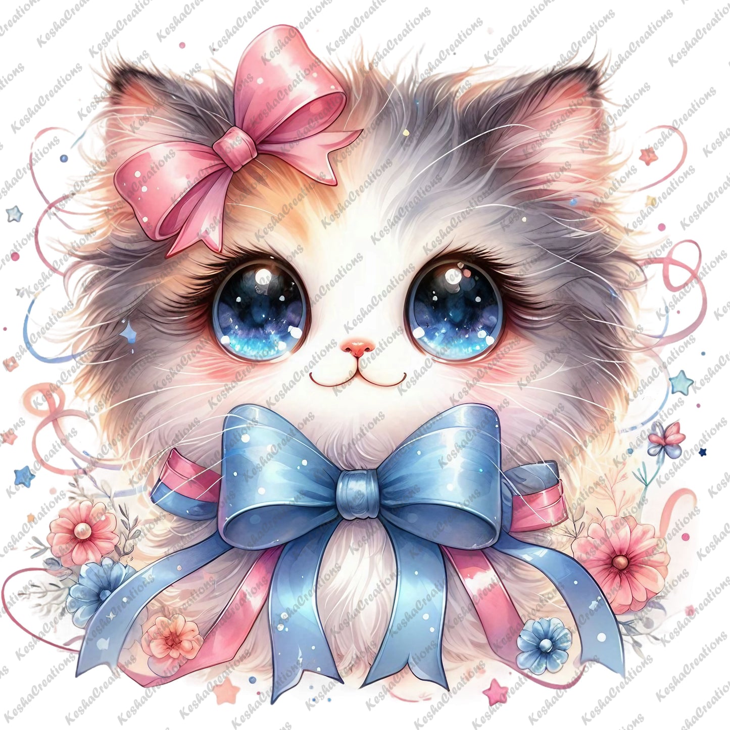Kawaii cat adorned with a blue and pink bow, surrounded by pastel-colored flowers, with sparkling blue eyes.