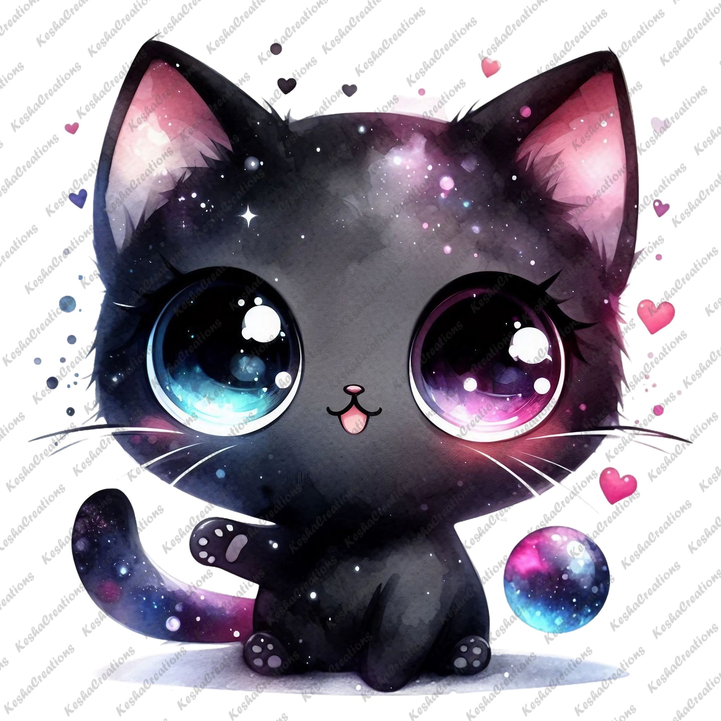 Black kawaii cat with cosmic fur, bright galaxy eyes, and surrounded by colorful stars.