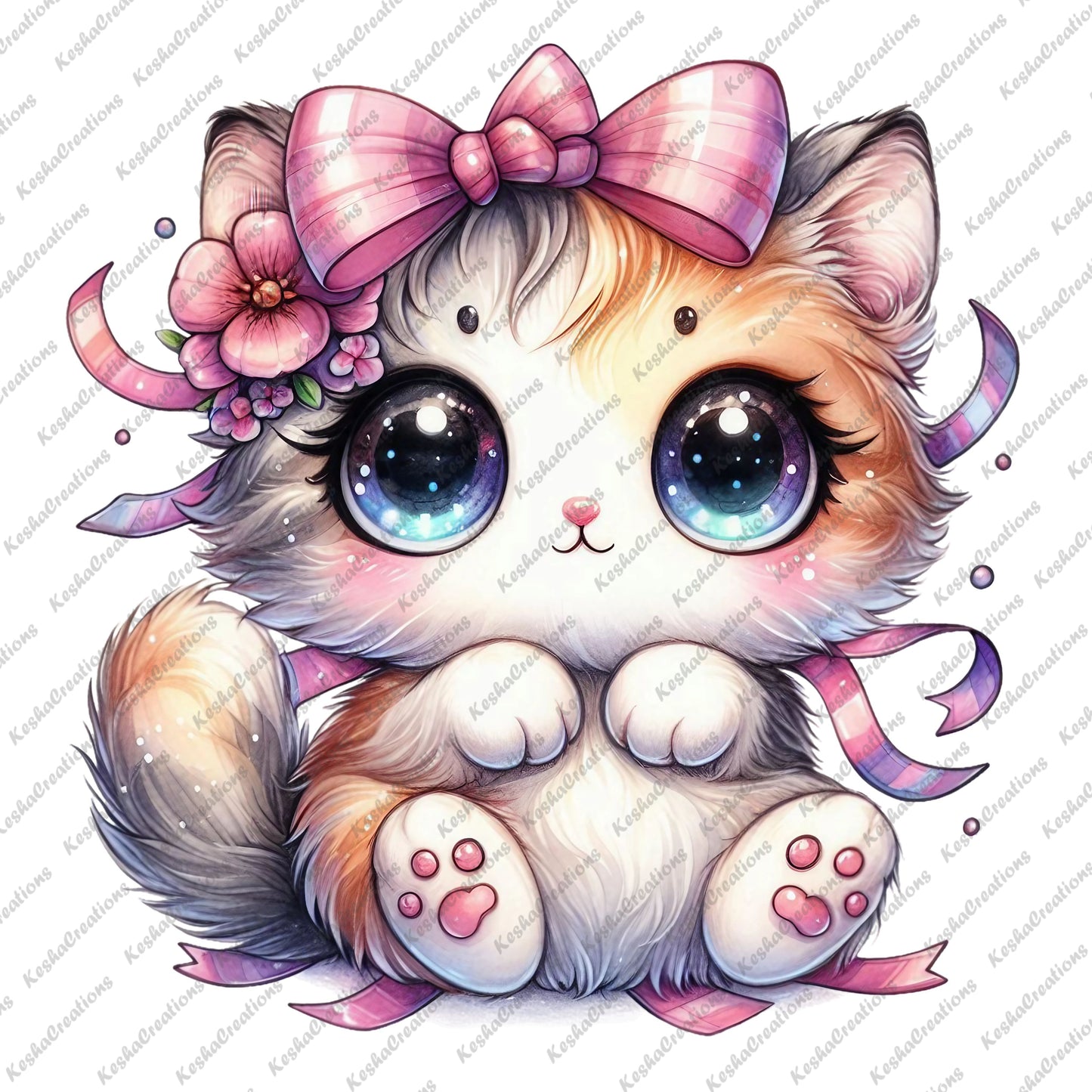 Kawaii cat with pink bow and floral headpiece, sitting with a playful pose, featuring large, sparkling eyes.