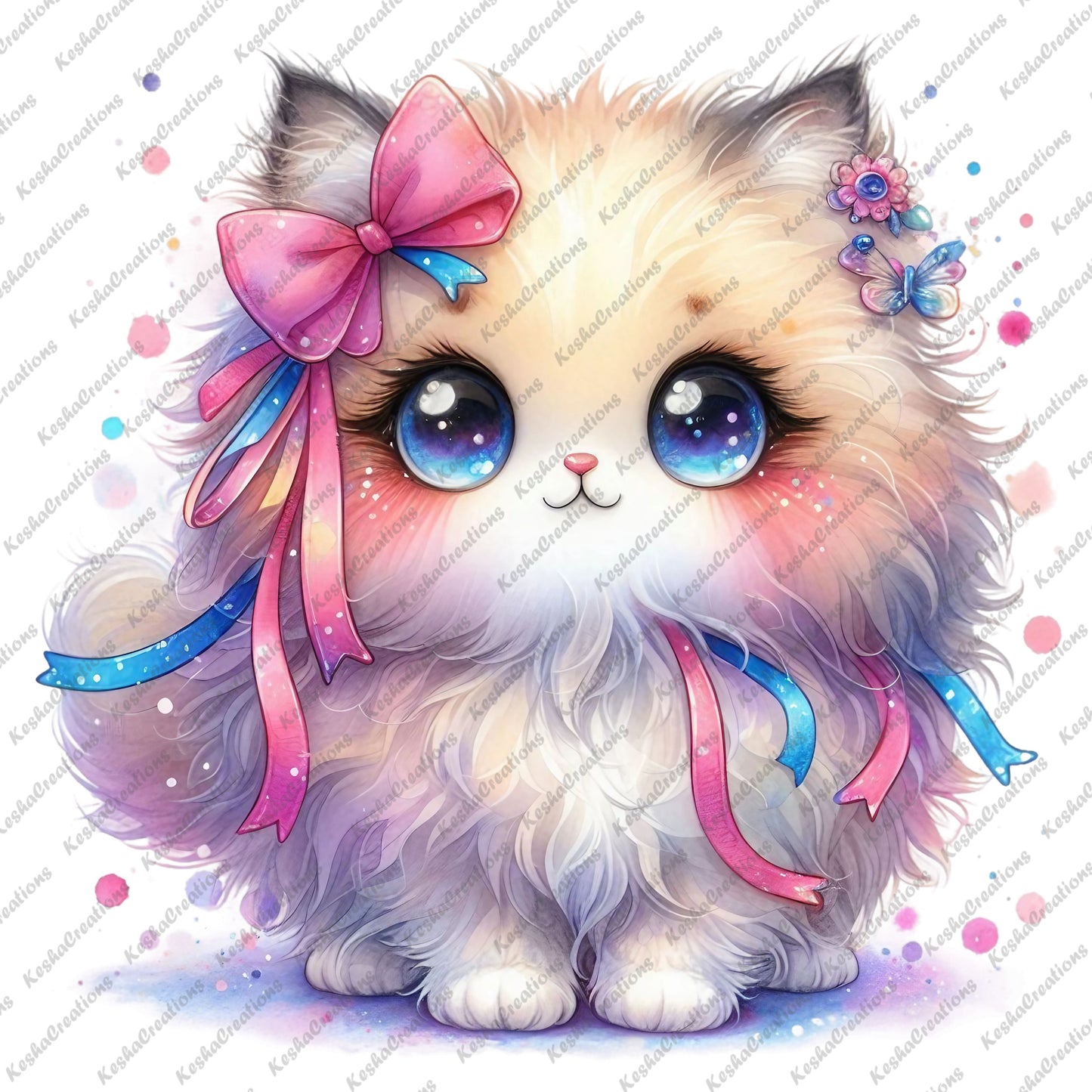 Fluffy kawaii cat with colorful pastel bows and ribbons, with a mix of blue and pink accents.