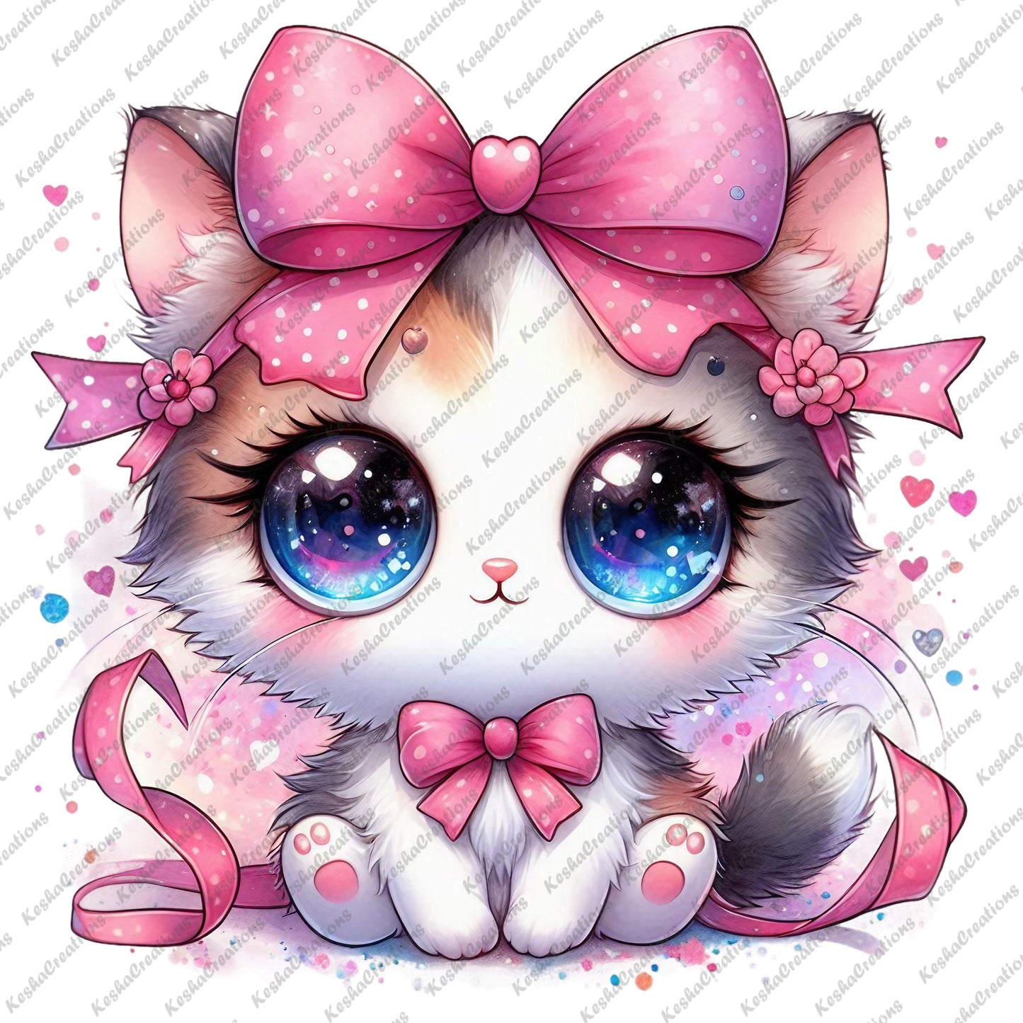 Kawaii cat with a big pink bow, fluffy fur, and large blue eyes, sitting happily among pink hearts.