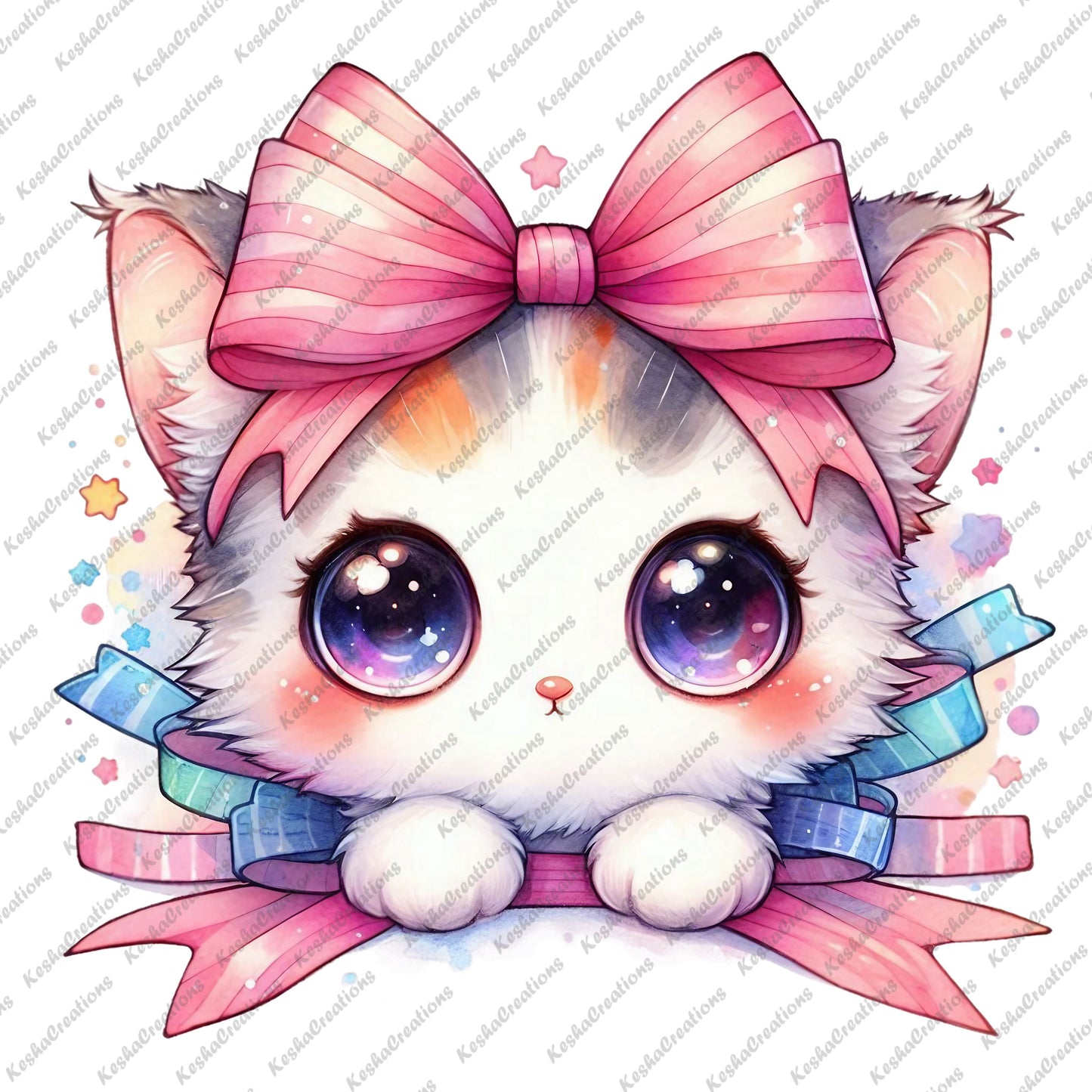 Kawaii cat with a large pink bow, sparkling purple eyes, and a pastel background with colorful ribbons.