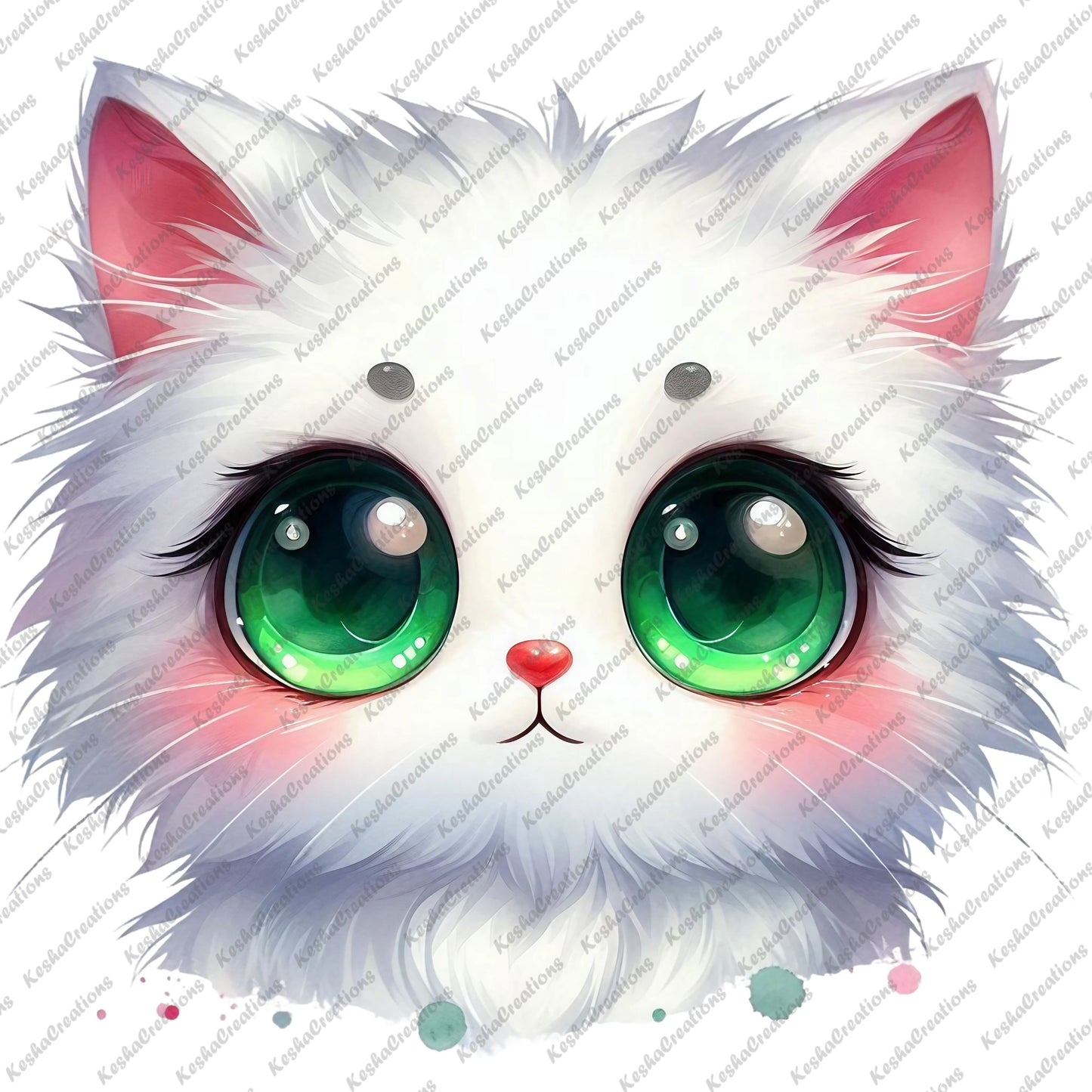 White kawaii cat with bright green eyes, pink nose, and soft fur, giving a cute, innocent look.