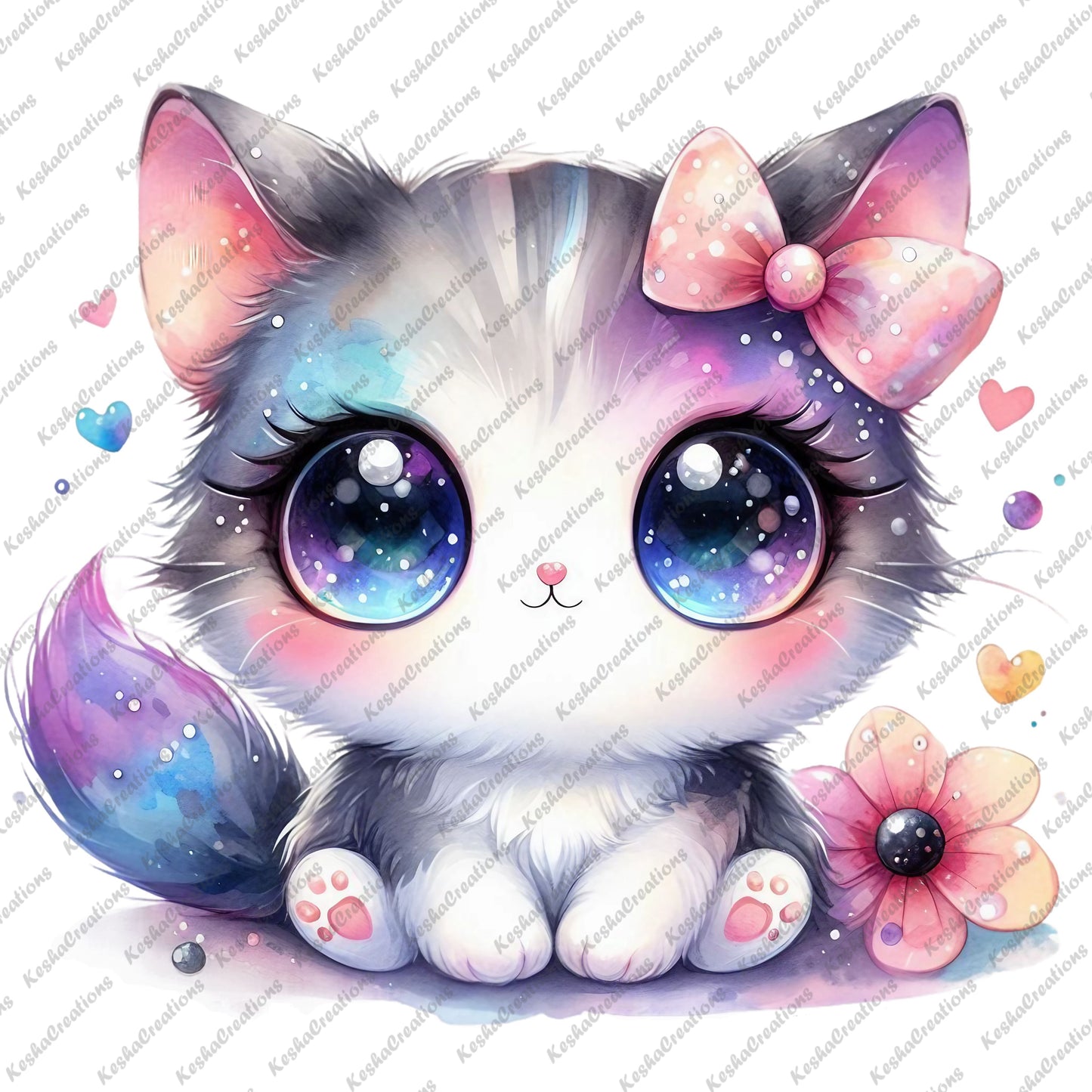 Kawaii cat with rainbow-tinted fur, big blue eyes, a small pink bow, and colorful hearts around it.